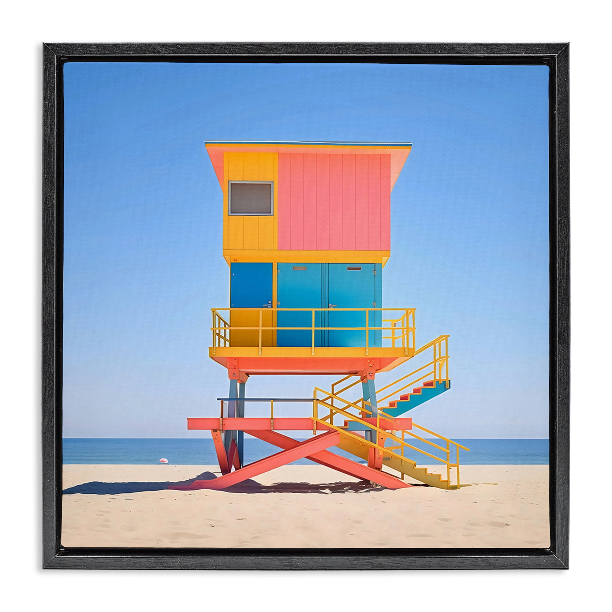 Stupell Industries Deco Lifeguard Tower on Beach Black Framed Floater Canvas Wall Art, design by Creative Studio