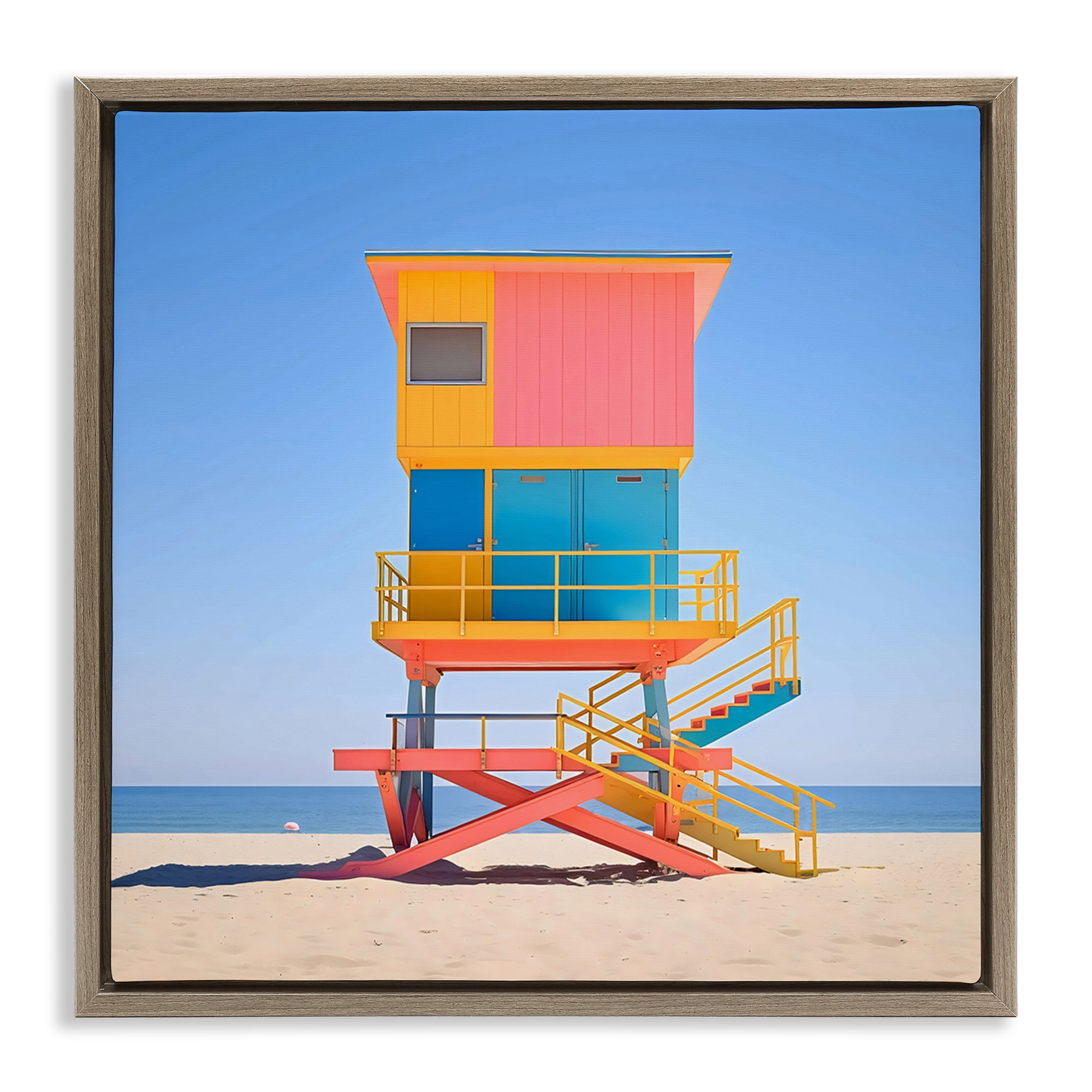 Stupell Industries Deco Lifeguard Tower on Beach Brown Framed Floater Canvas Wall Art, design by Creative Studio