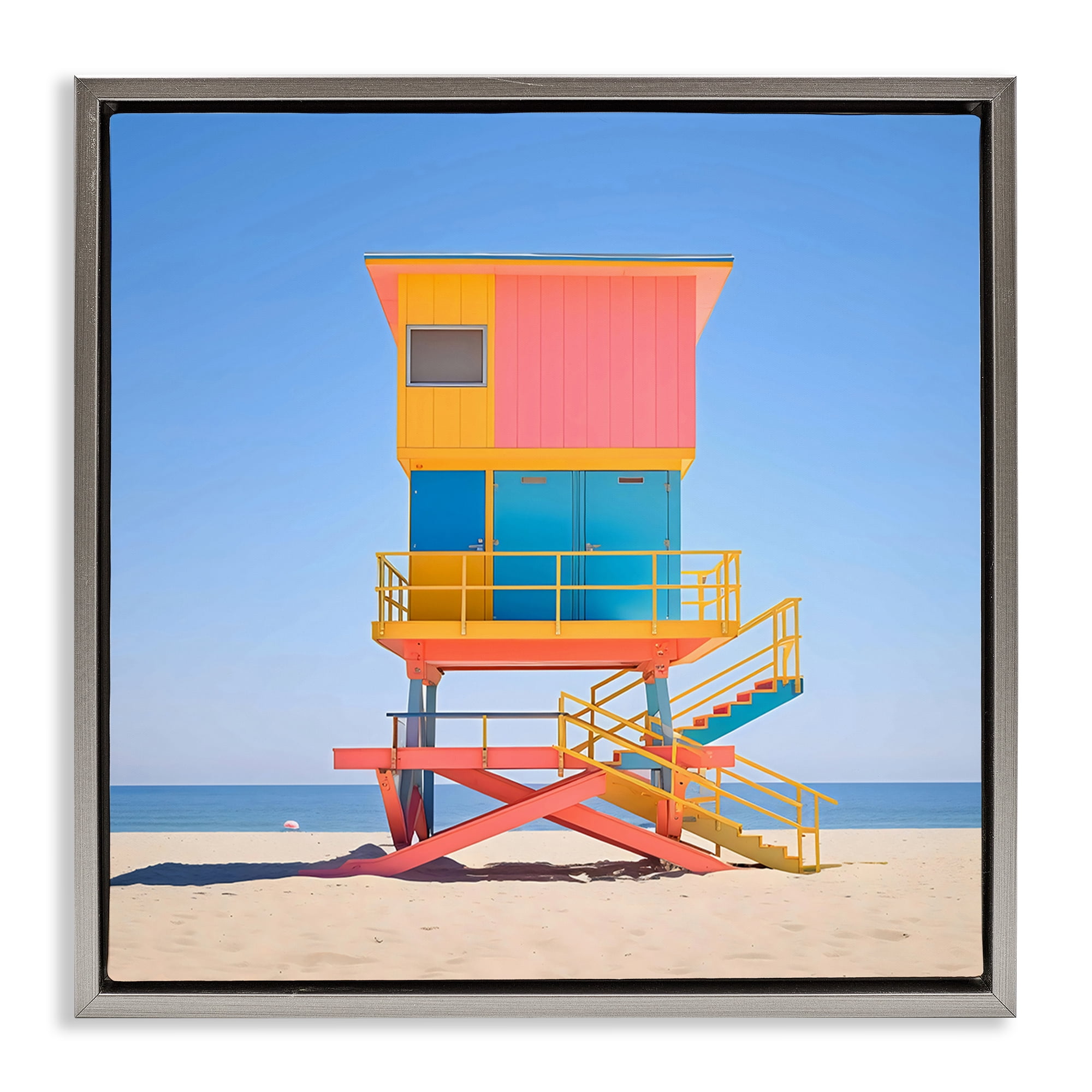Stupell Industries Deco Lifeguard Tower on Beach Gray Framed Floater Canvas Wall Art, design by Creative Studio