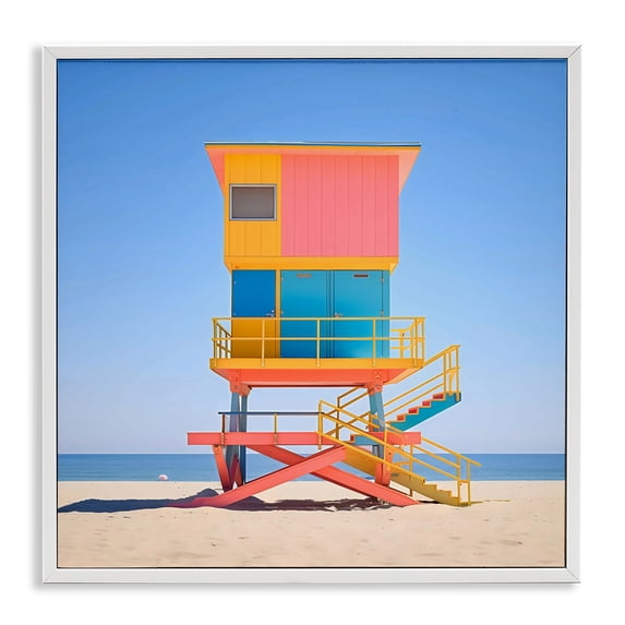 Stupell Industries Mid-Century Deco Lifeguard Tower on Beach White Framed Giclee Art, 12 x 12, by Creative Studio