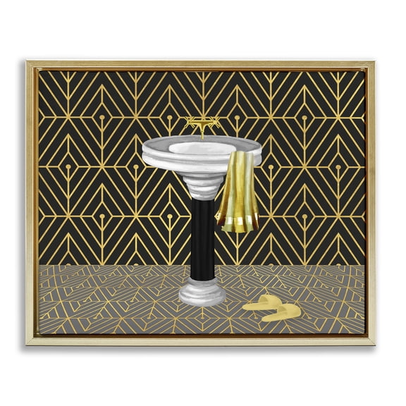Stupell Industries Deco Style Glam Bathroom Geometric Painting Gold Floater Framed Canvas Art Print Wall Art, 25 x 31