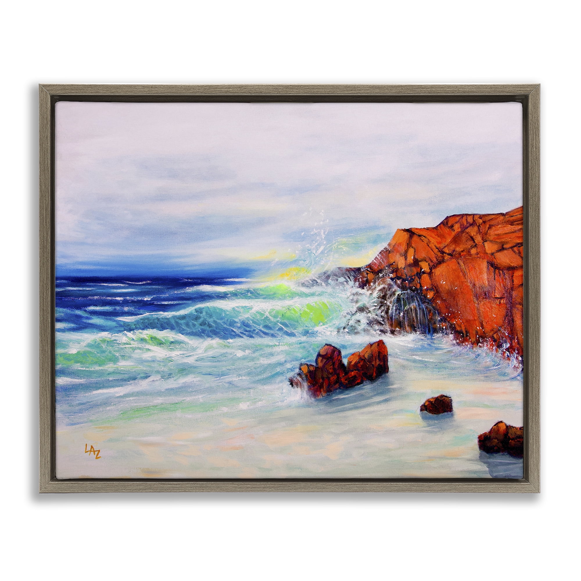 Stupell Industries Deep Blue Rocky Beach Brown Framed Floater Canvas Wall Art, design by Lee Ann Zirbes