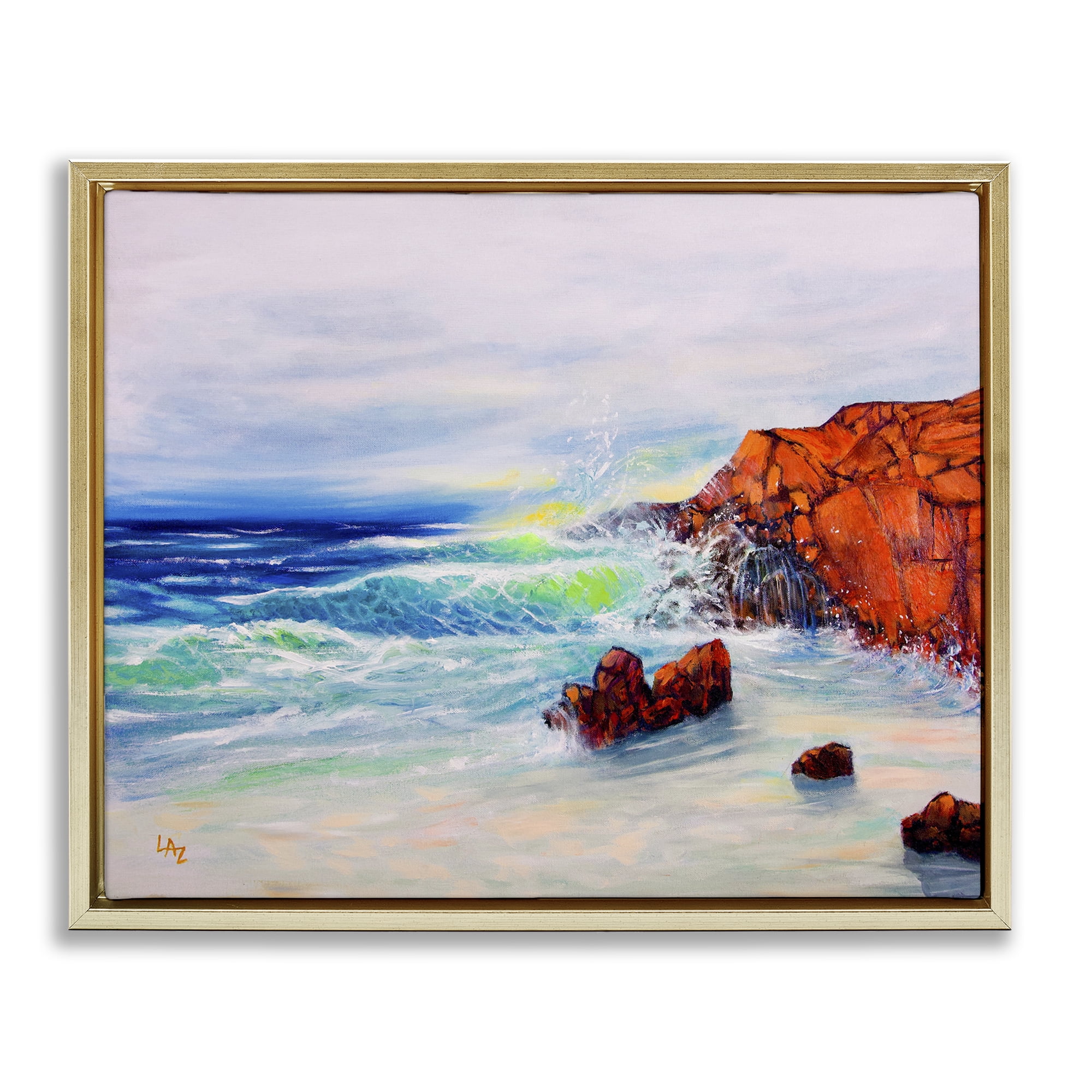 Stupell Industries Deep Blue Rocky Beach Gold Framed Floater Canvas Wall Art, design by Lee Ann Zirbes