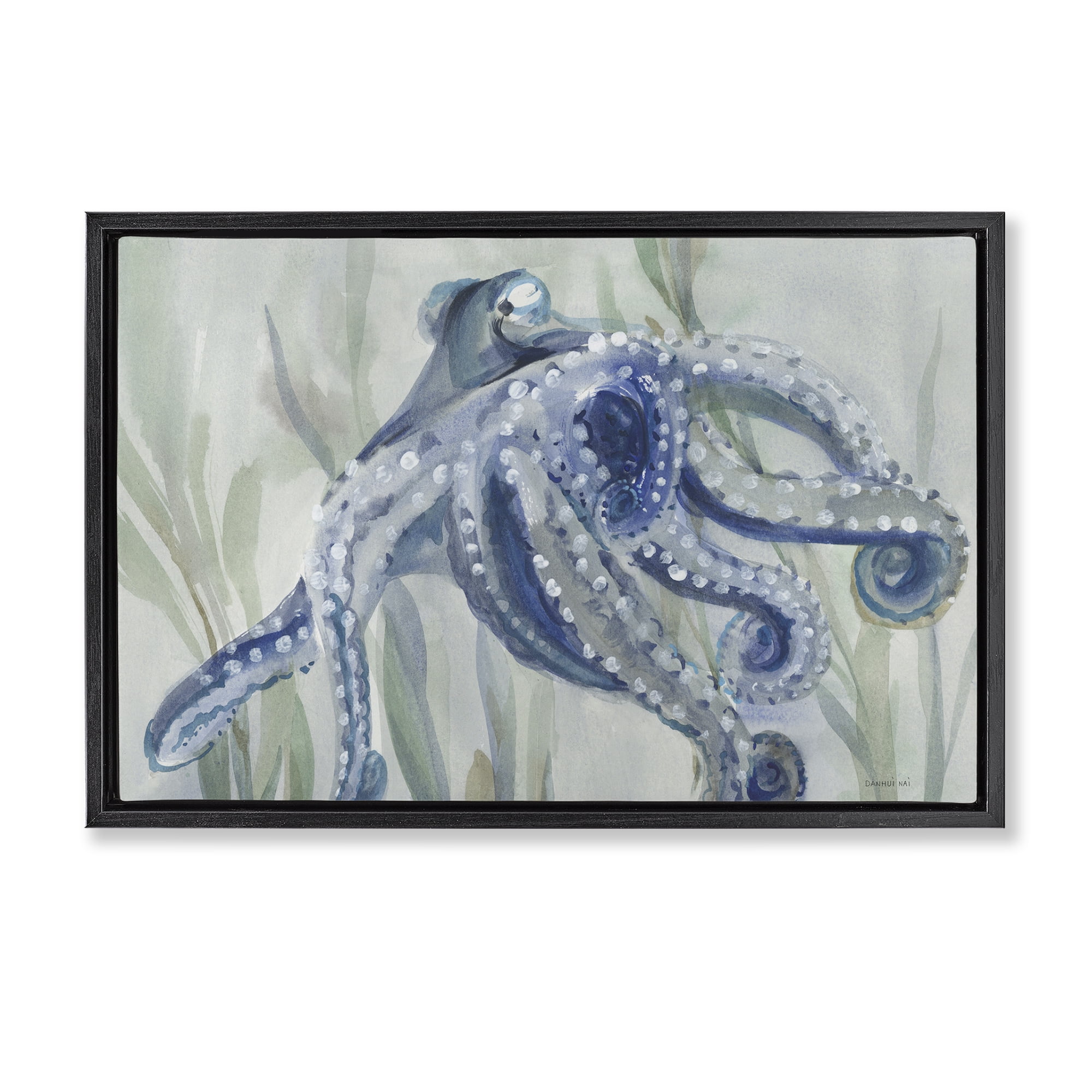 Stupell Industries Deep Dweller Octopus Animals & Insects Painting Black Floater Framed Canvas Art Print Wall Art, 31 x 21