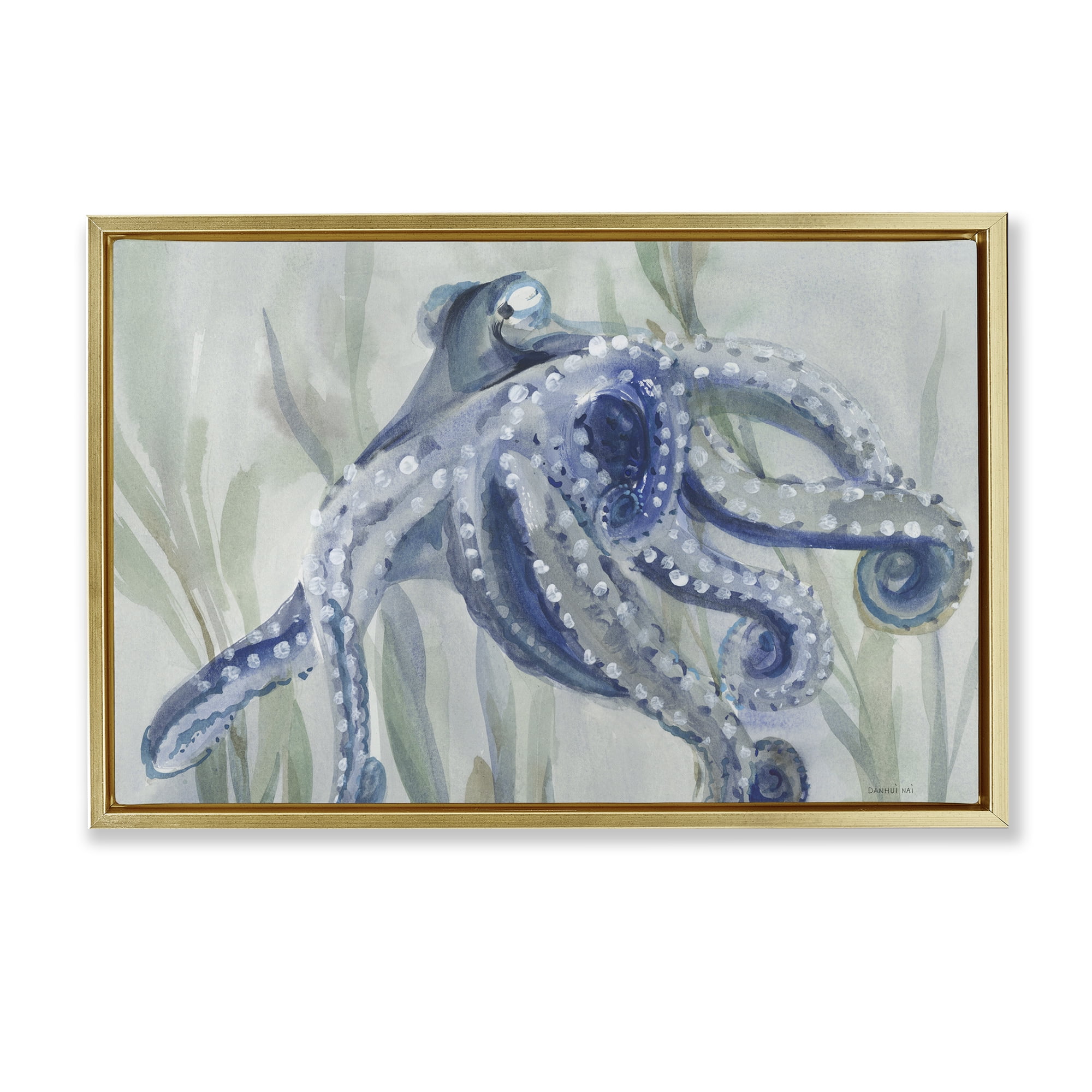 Stupell Industries Deep Dweller Octopus Animals & Insects Painting Gold Floater Framed Canvas Art Print Wall Art, 25 x 17