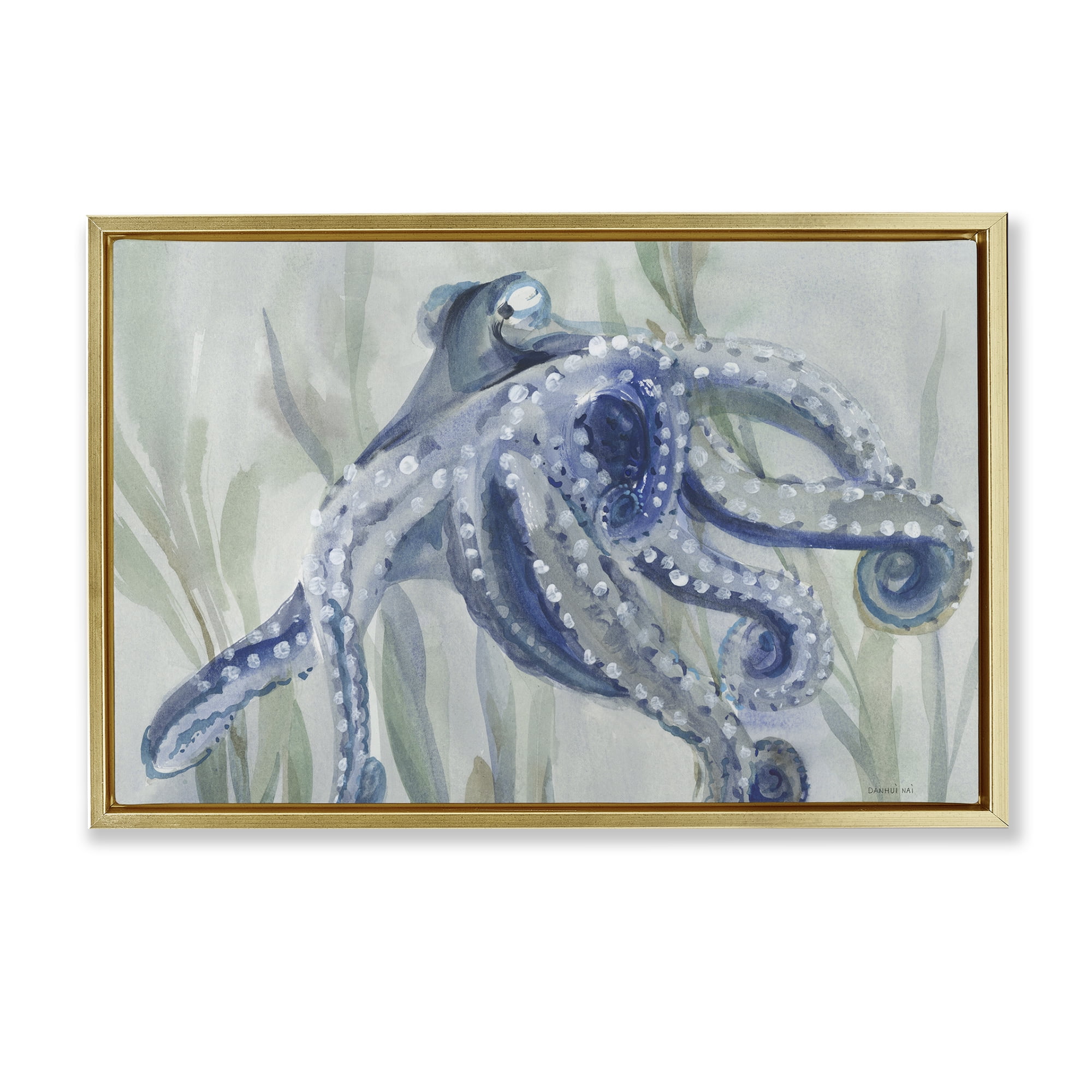 Stupell Industries Deep Dweller Octopus Animals & Insects Painting Gold Floater Framed Canvas Art Print Wall Art, 31 x 21
