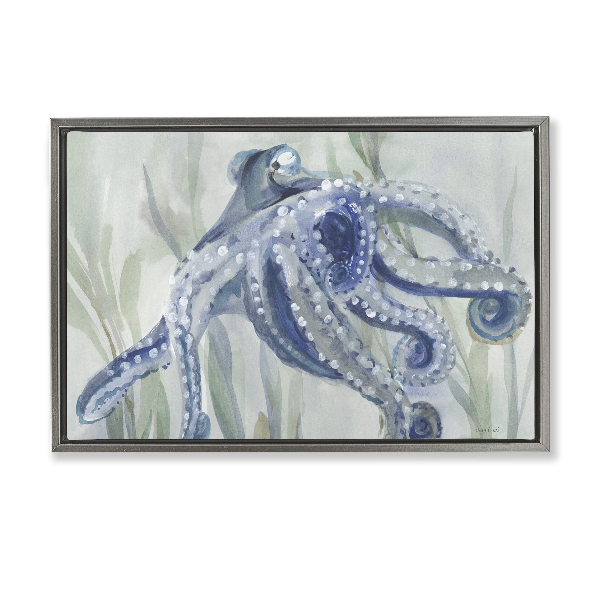 Stupell Industries Deep Dweller Octopus Animals & Insects Painting Gray Floater Framed Canvas Art Print Wall Art, 25 x 17
