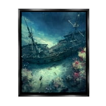 Stupell Industries Deep Sea Shipwreck Transportation Painting Black Floater Framed Canvas Art Print Wall Art, 17 x 21