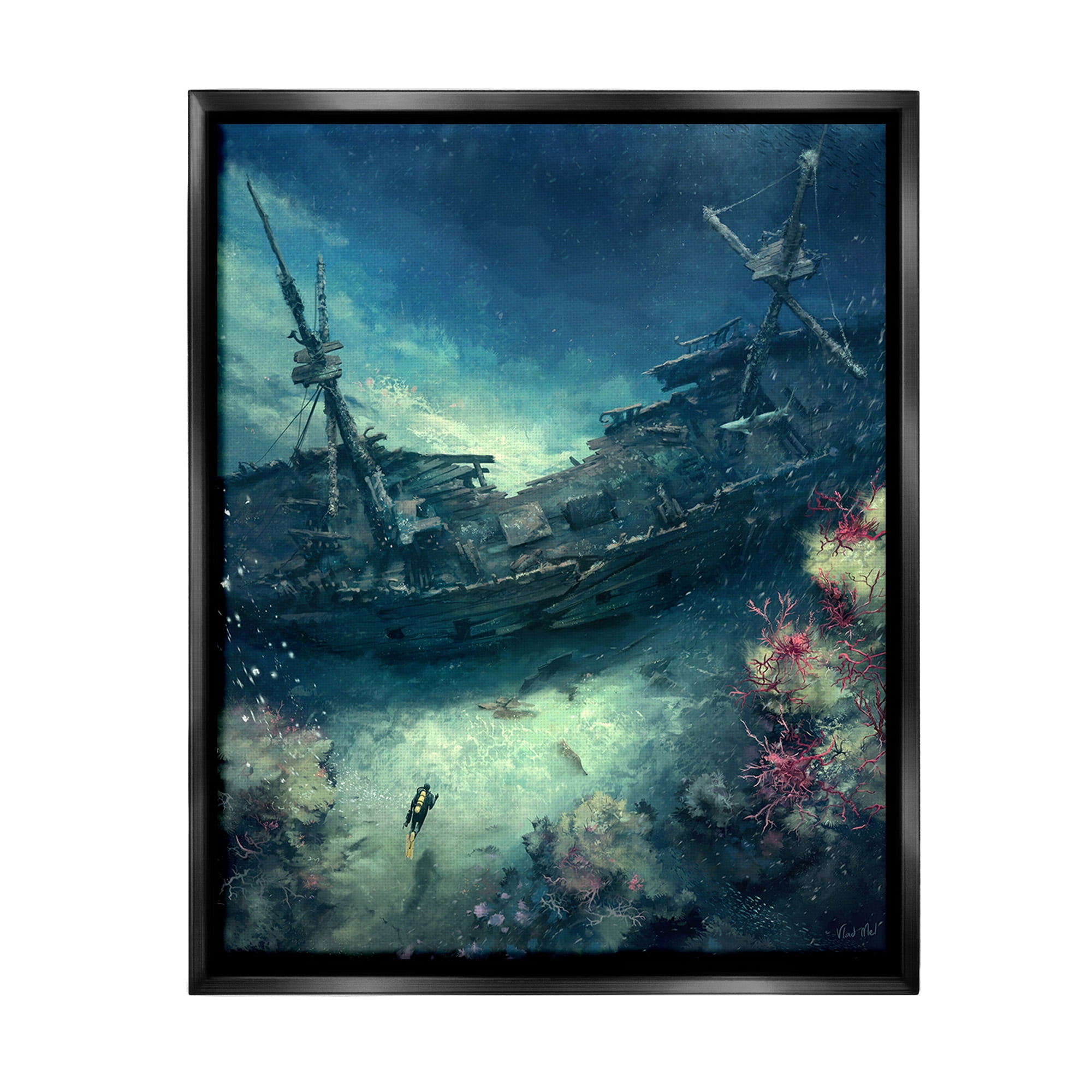 Stupell Industries Deep Sea Shipwreck Transportation Painting Black Floater Framed Canvas Art Print Wall Art, 25 x 31