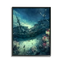 Stupell Industries Deep Sea Shipwreck Transportation Painting Black Framed Art Print Wall Art, 11 x 14