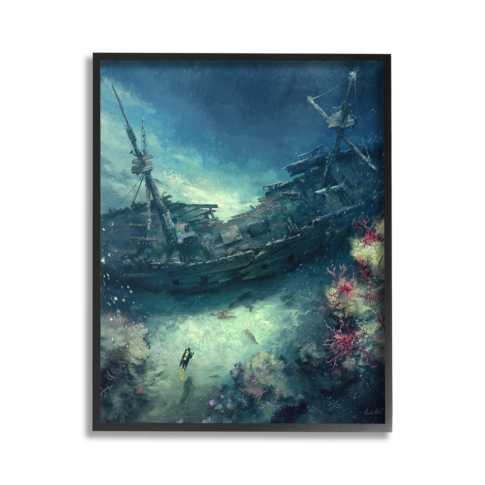 Stupell Industries Deep Sea Shipwreck Transportation Painting Black Framed Art Print Wall Art, 24 x 30