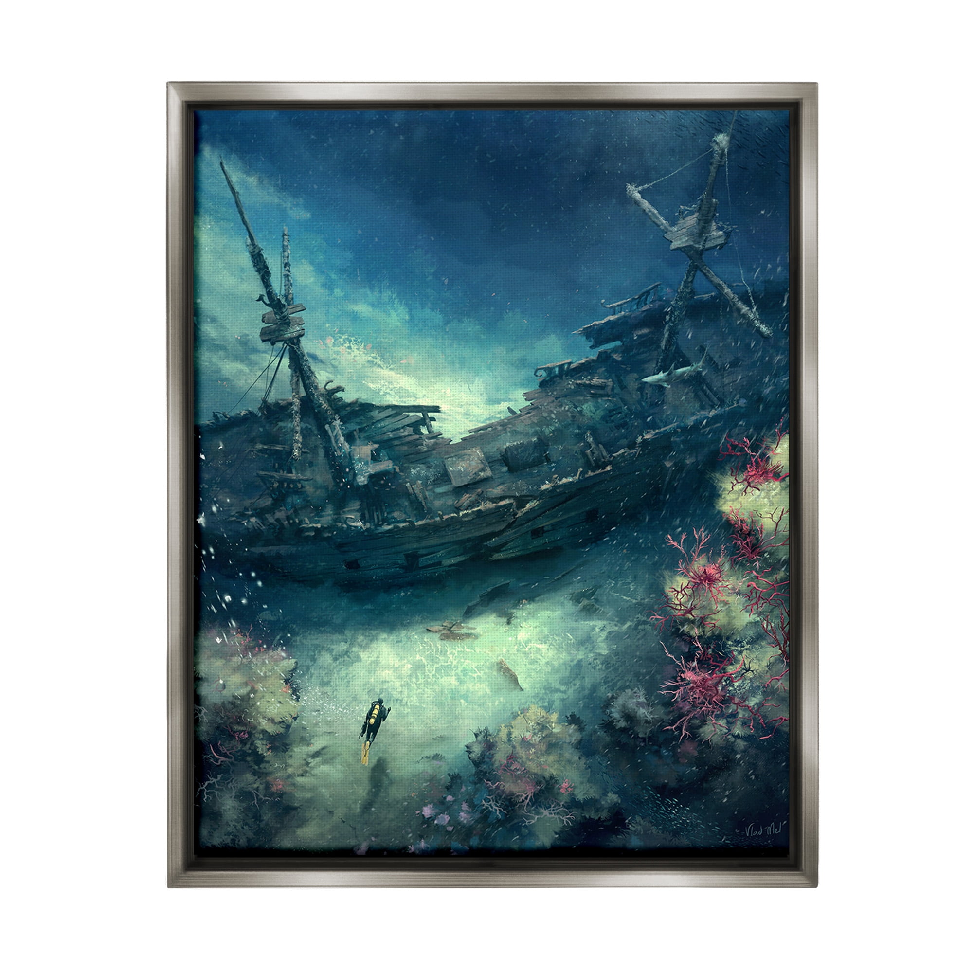 Stupell Industries Deep Sea Shipwreck Transportation Painting Gray Floater Framed Canvas Art Print Wall Art, 17 x 21