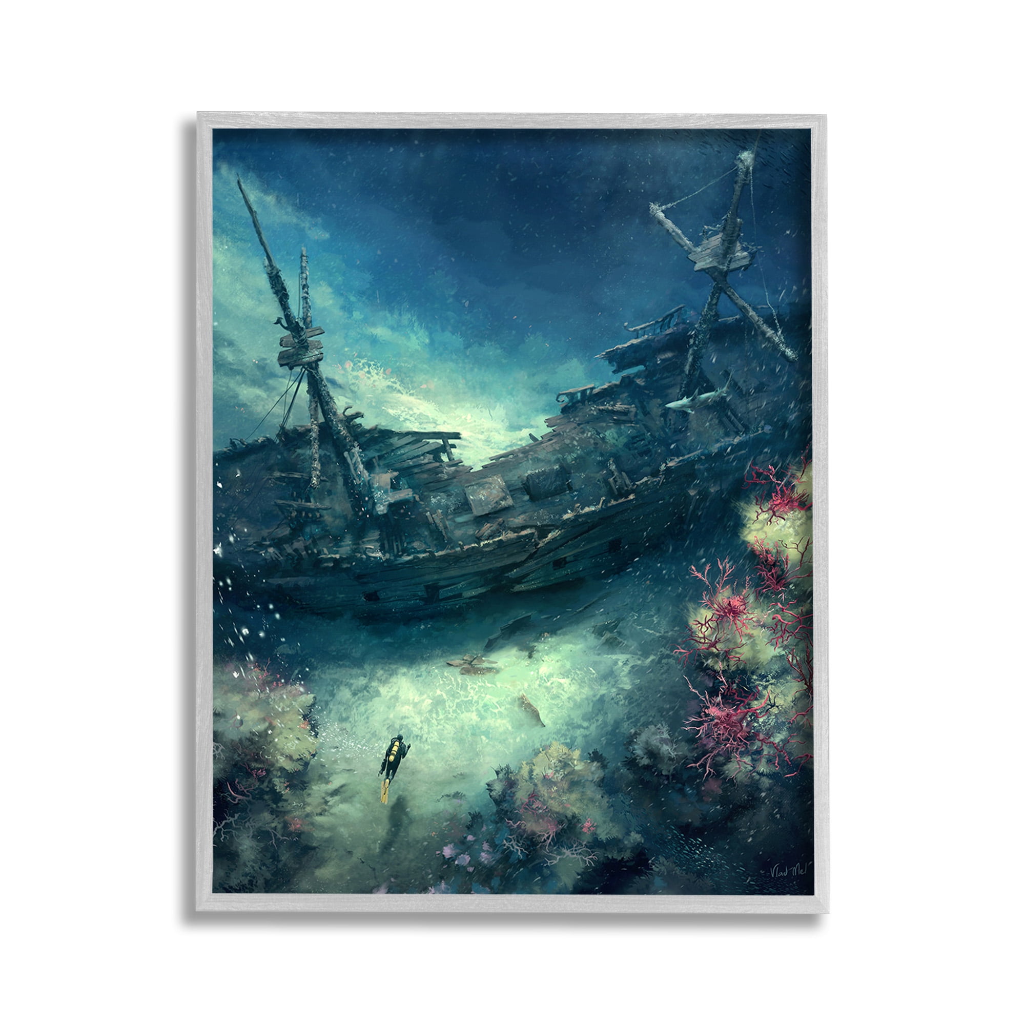 Stupell Industries Deep Sea Shipwreck Transportation Painting Gray Framed Art Print Wall Art, 11 x 14
