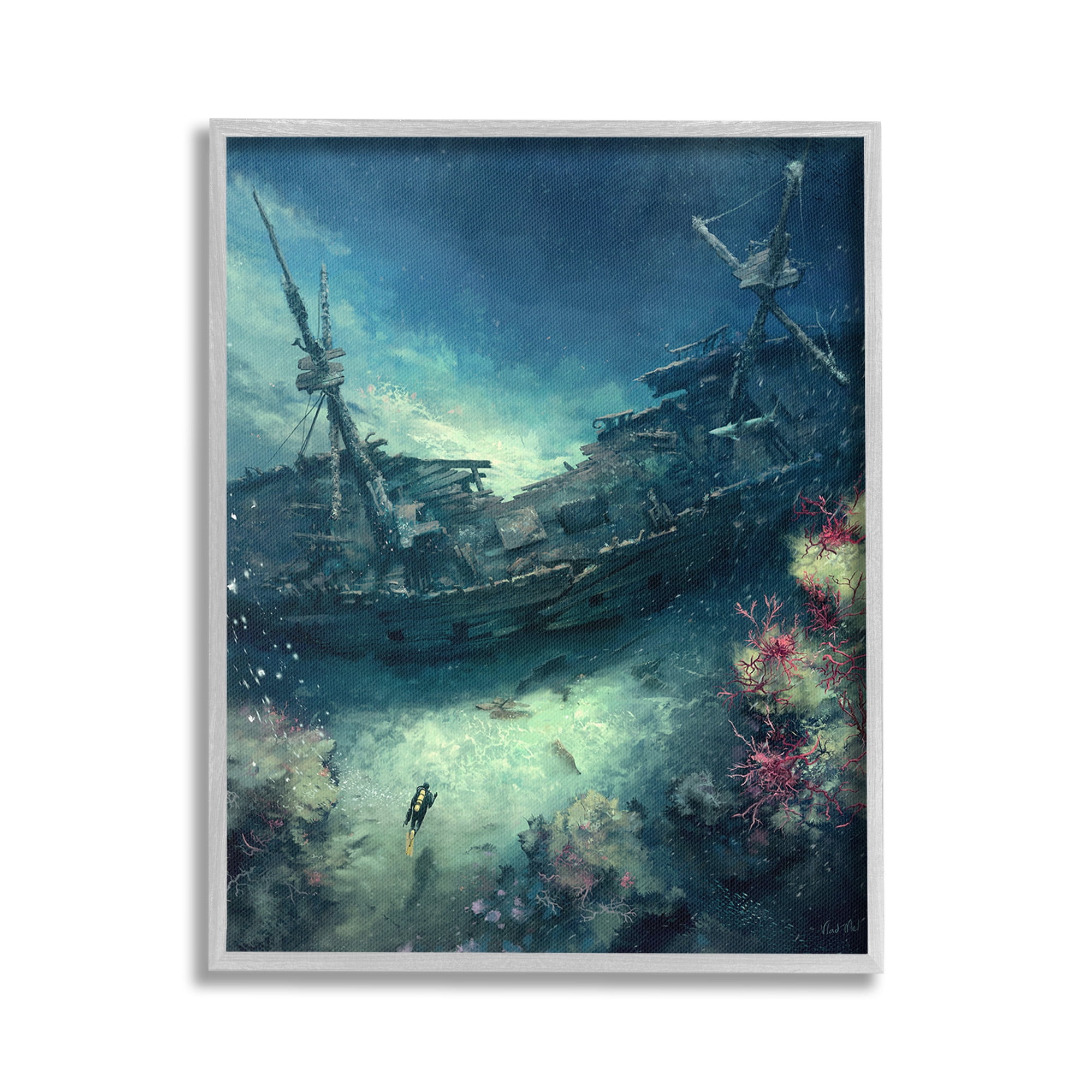 Stupell Industries Deep Sea Shipwreck Transportation Painting Gray Framed Art Print Wall Art, 16 x 20