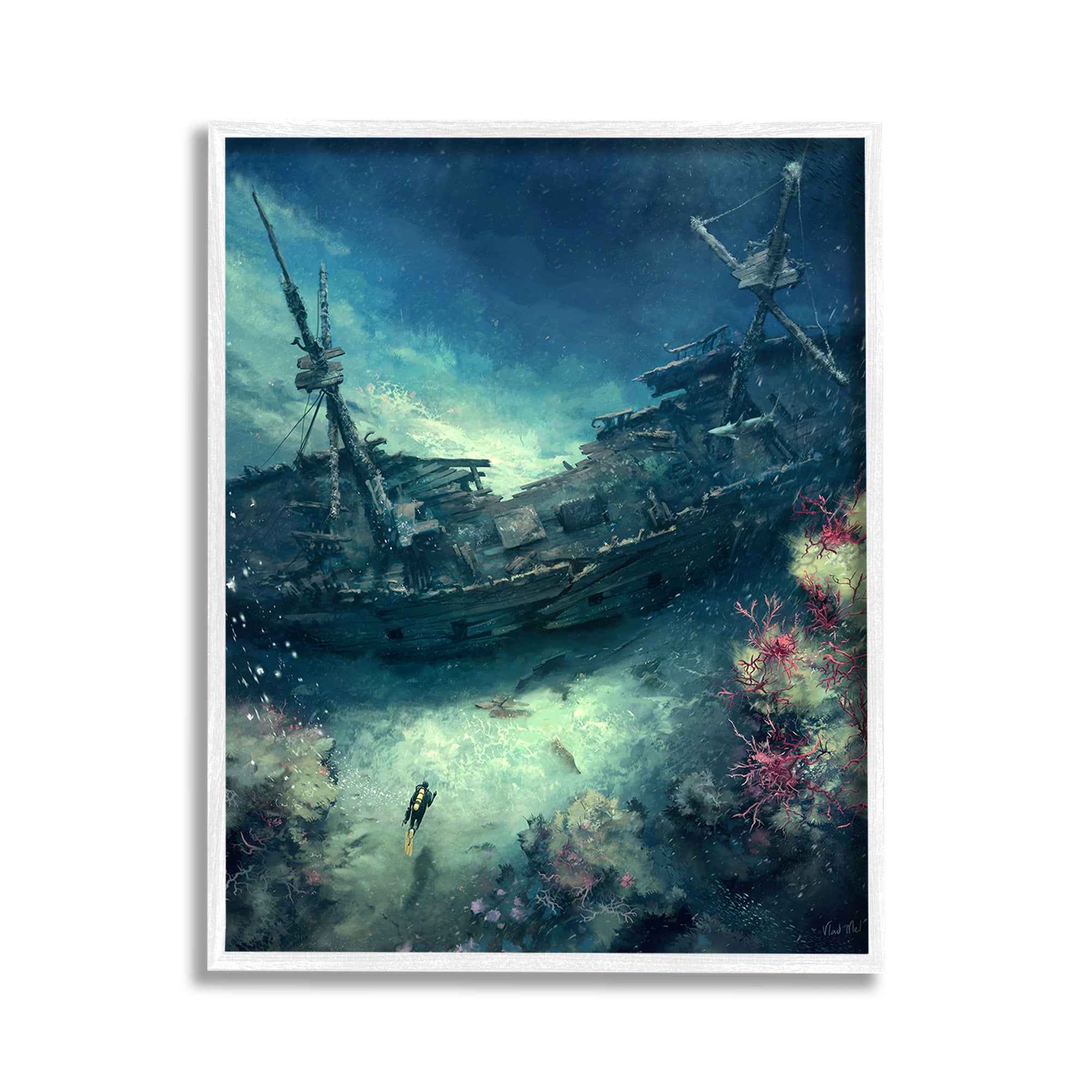 Stupell Industries Deep Sea Shipwreck Transportation Painting White Framed Art Print Wall Art, 11 x 14