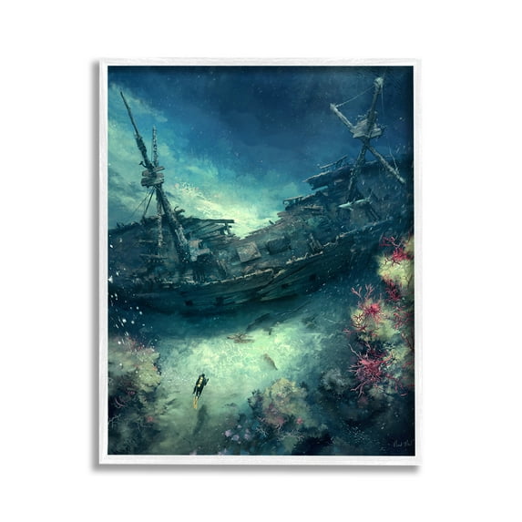 Stupell Industries Deep Sea Shipwreck Transportation Painting White Framed Art Print Wall Art, 11 x 14