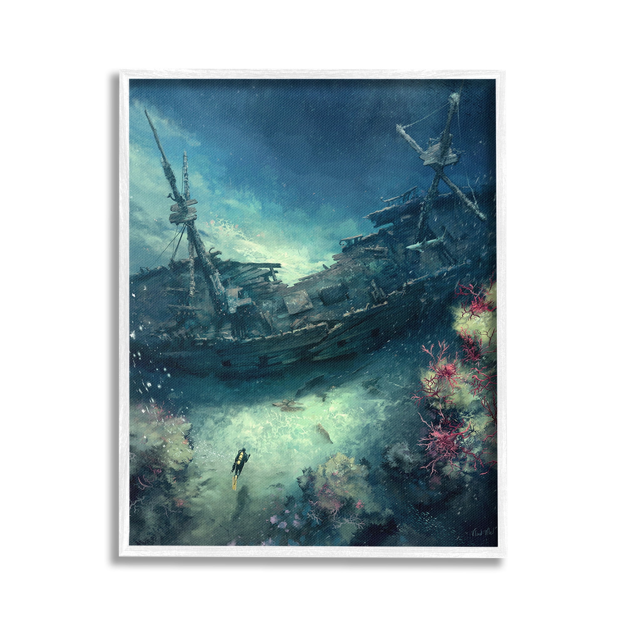 Stupell Industries Deep Sea Shipwreck Transportation Painting White Framed Art Print Wall Art, 24 x 30