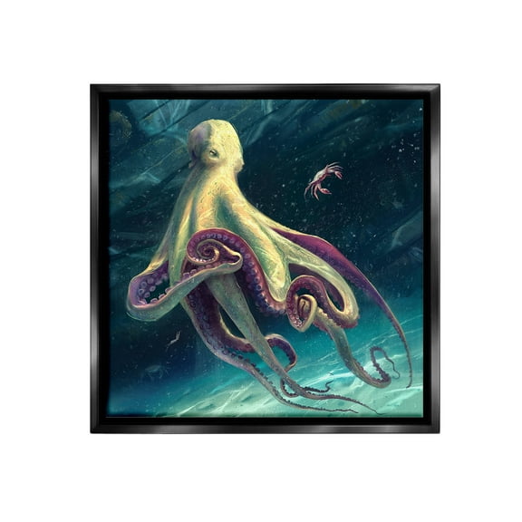 Stupell Industries Deep Water Octopus Animals & Insects Painting Black Floater Framed Canvas Art Print Wall Art, 18 x 18