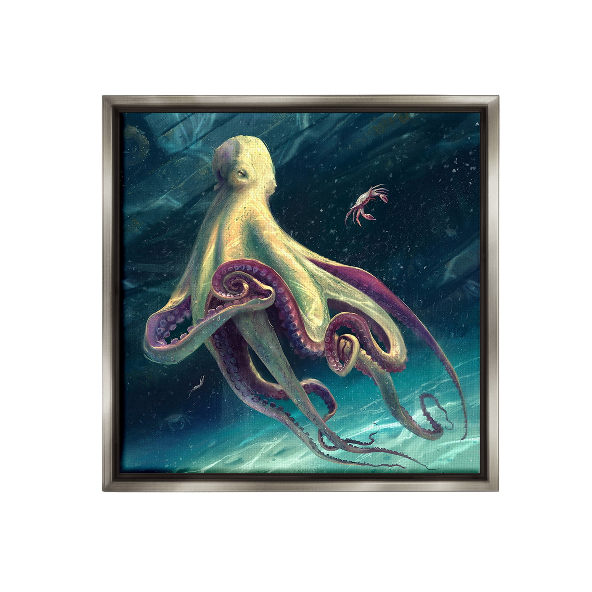 Stupell Industries Deep Water Octopus Animals & Insects Painting Gray Floater Framed Canvas Art Print Wall Art, 18 x 18