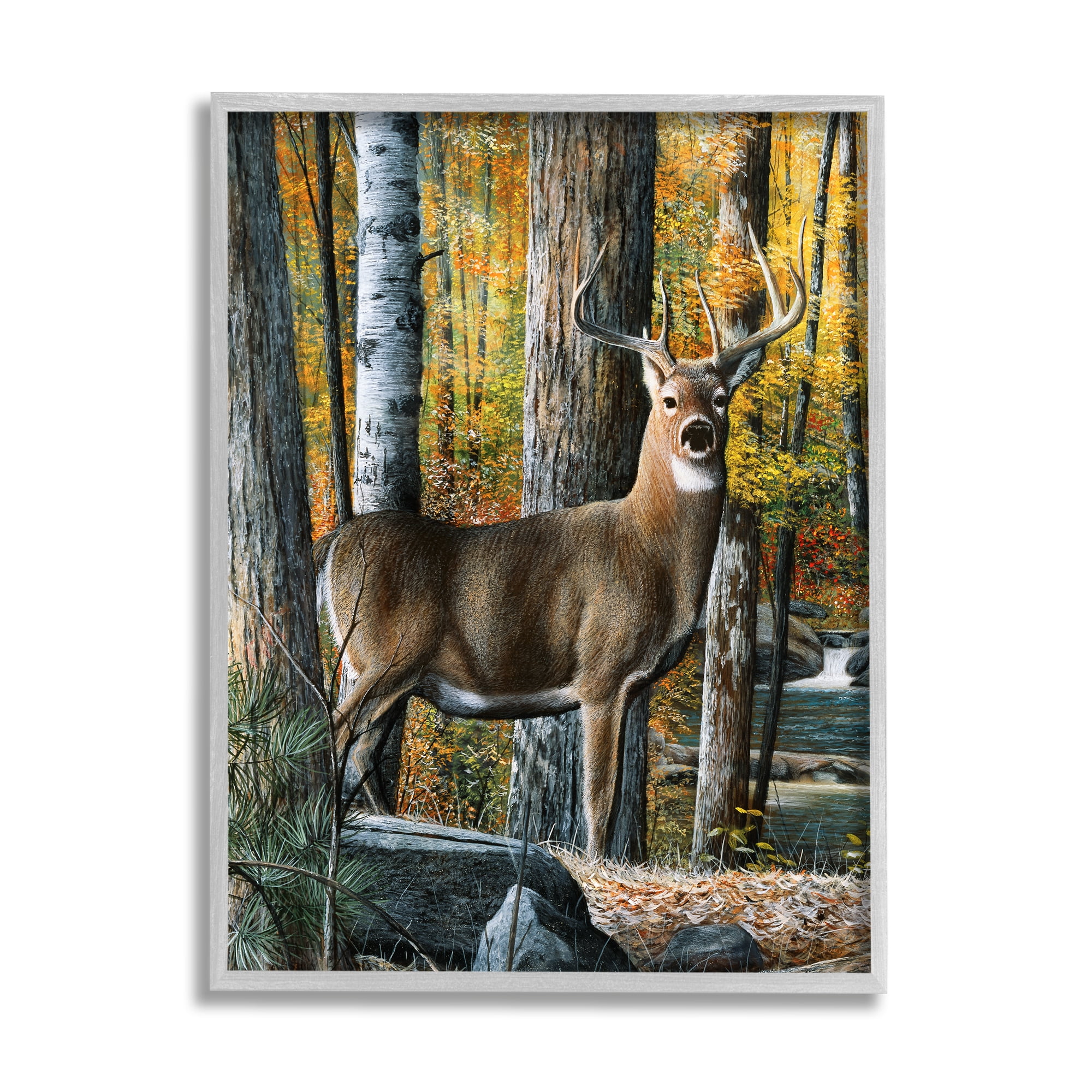 Stupell Industries Deer Among Autumn Foliage Animals & Insects Painting Gray Framed Art Print Wall Art, 16 x 20