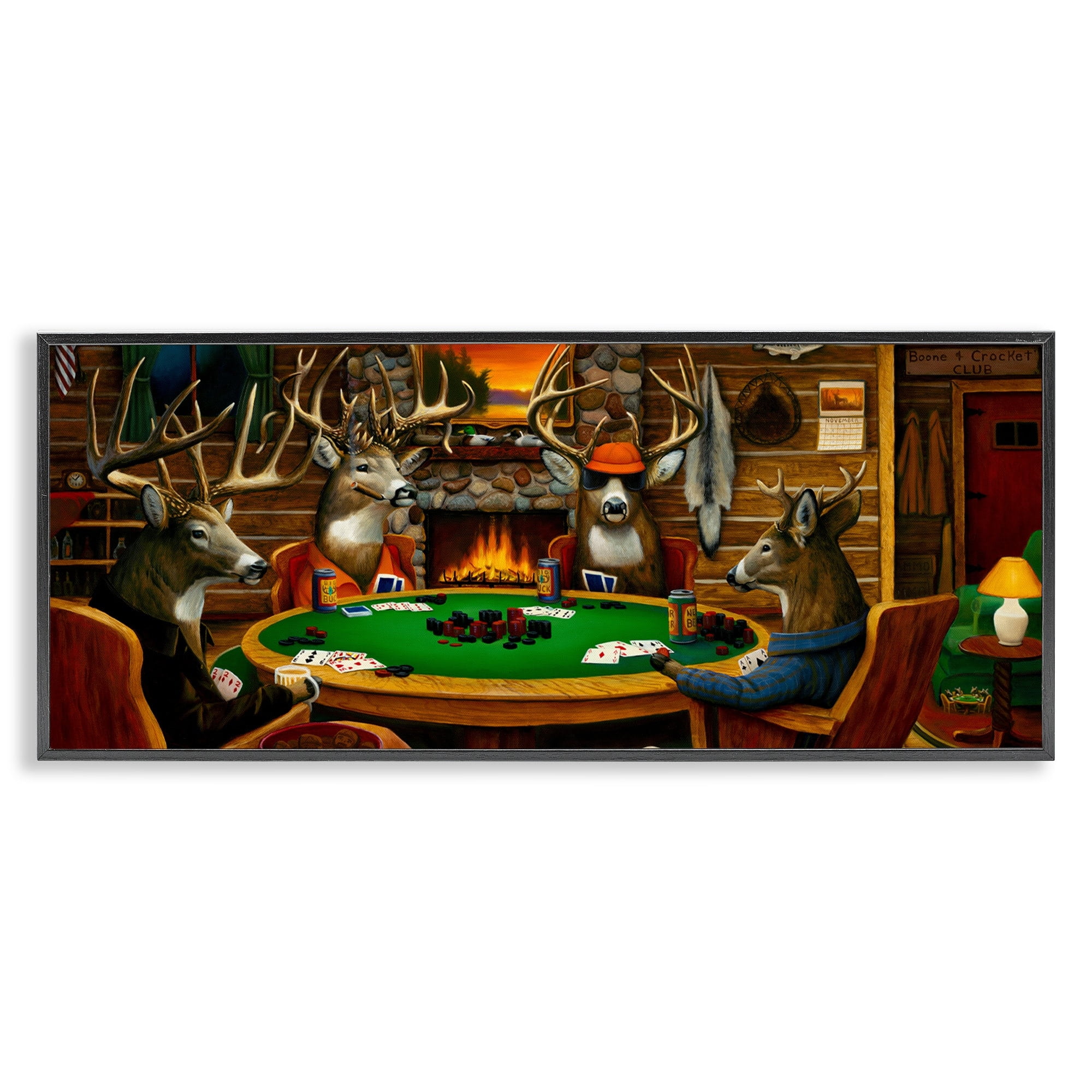 Stupell Industries Deer Animals Playing Poker Table Cabin Lodge Painting Black Framed Art Print Wall Art, Design by Leo Stans