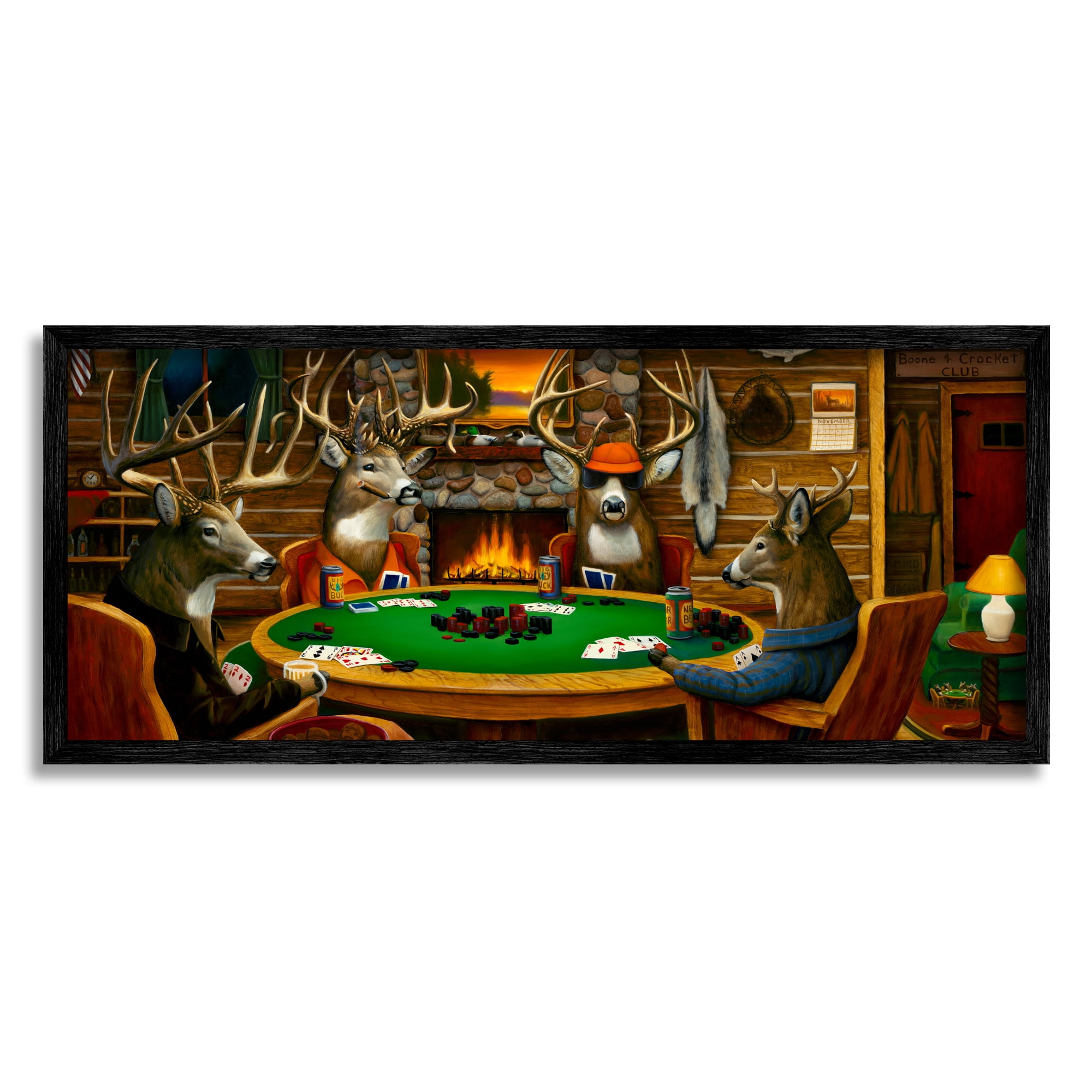 Deer Animals Playing Poker Rustic Canvas Print in Black Frame