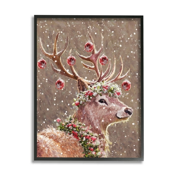 Stupell Industries Deer Antler Holiday Ornaments Holiday Painting Black Framed Art Print Wall Art