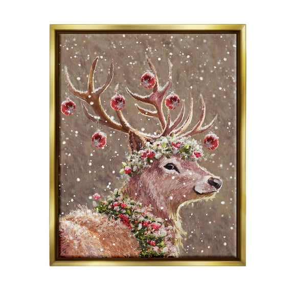 Stupell Industries Deer Antler Holiday Ornaments Holiday Painting Gold Floater Framed Art Print Wall Art
