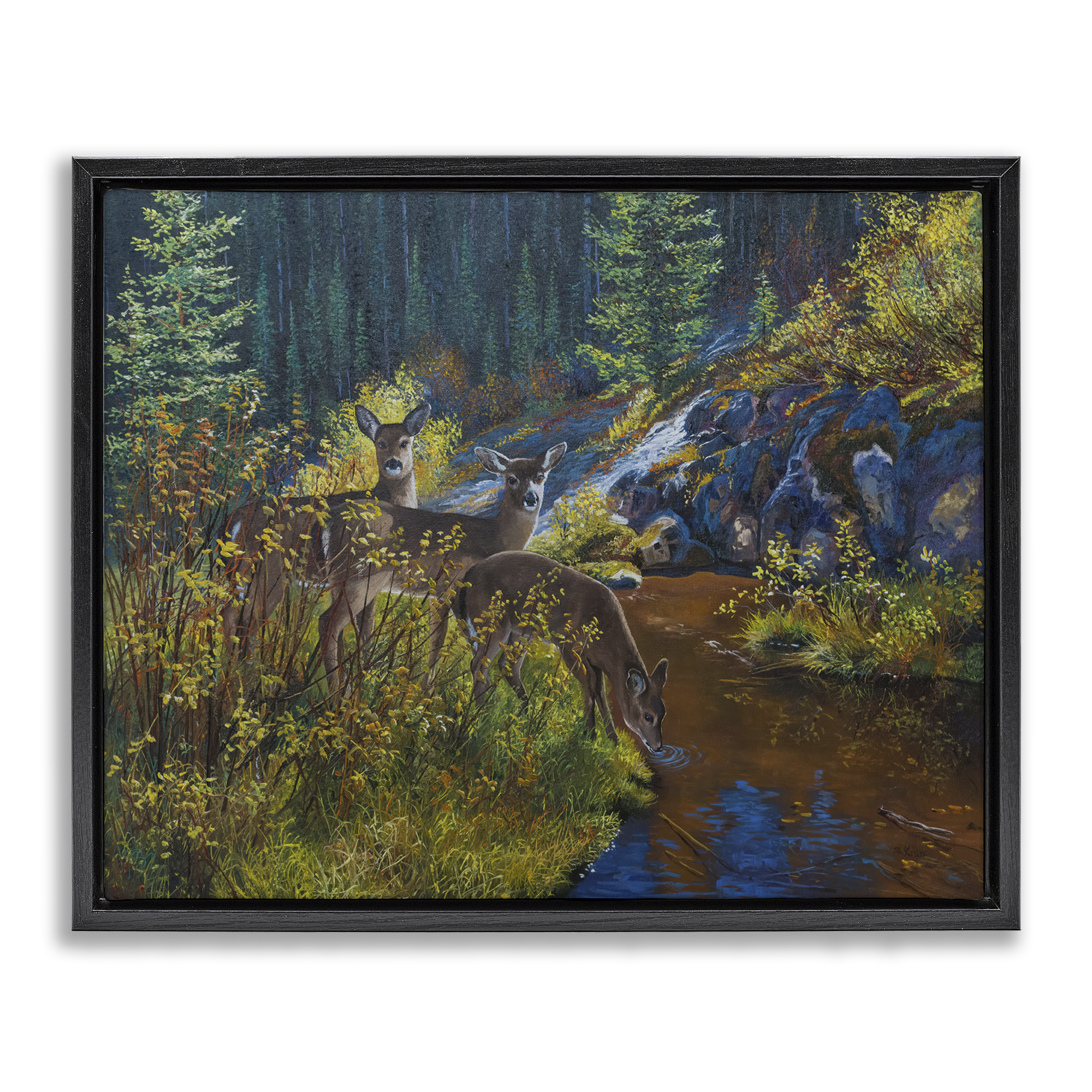 Stupell Industries Deer Drinking from River Landscape & Nature Painting Black Floater Framed Canvas Art Print Wall Art, 21 x 17