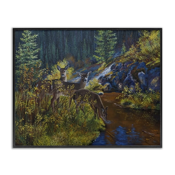 Stupell Industries Deer Drinking from River Landscape & Nature Painting Black Framed Art Print Wall Art, 14 x 11