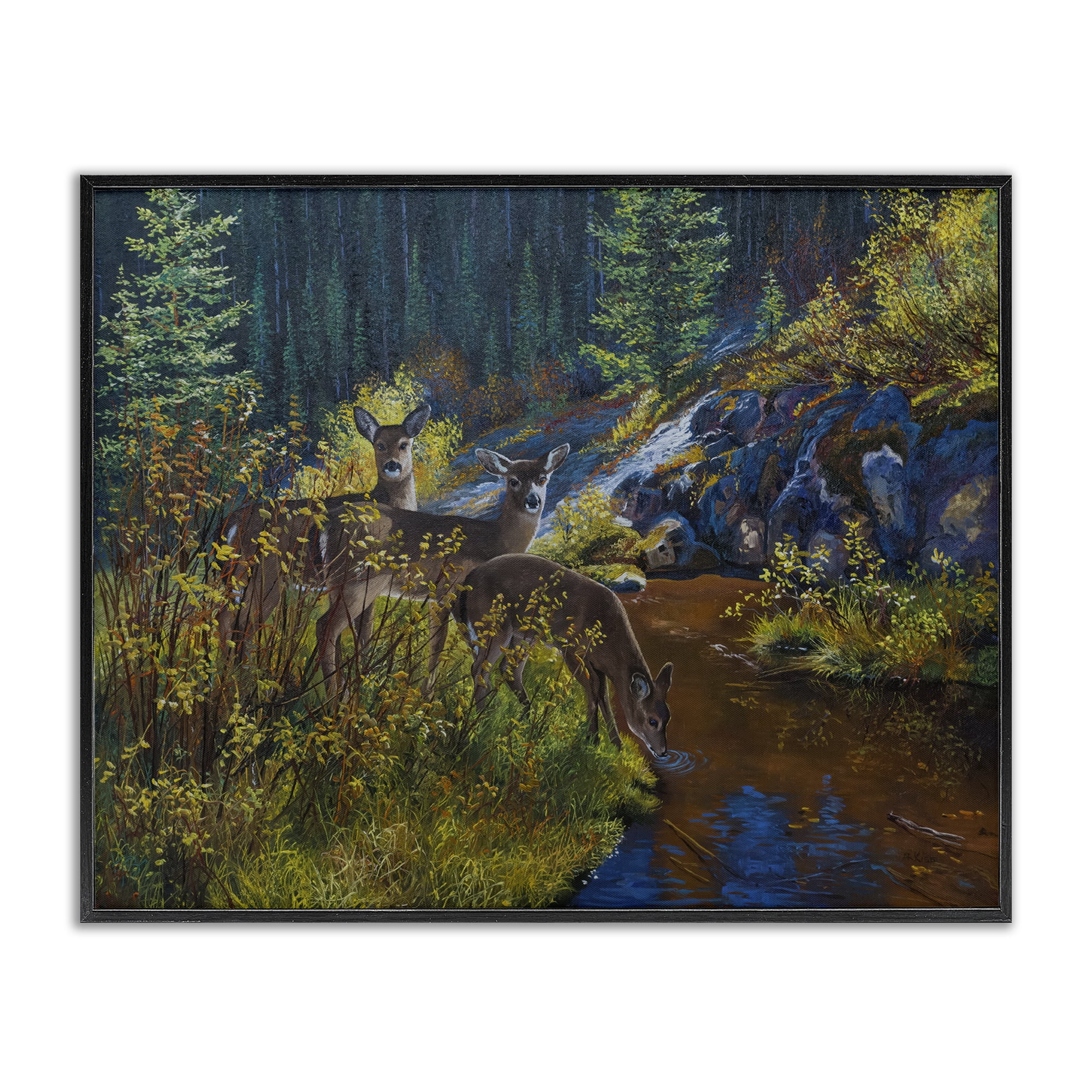 Stupell Industries Deer Drinking from River Landscape & Nature Painting Black Framed Art Print Wall Art, 20 x 16