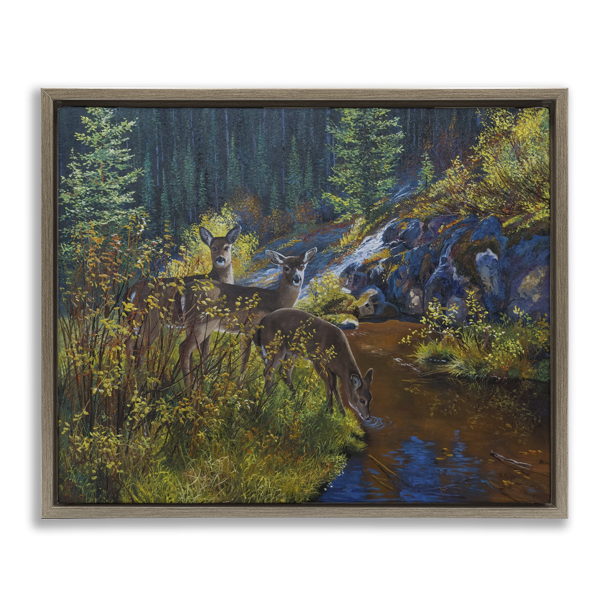 Stupell Industries Deer Drinking from River Landscape & Nature Painting Brown Floater Framed Canvas Art Print Wall Art, 21 x 17