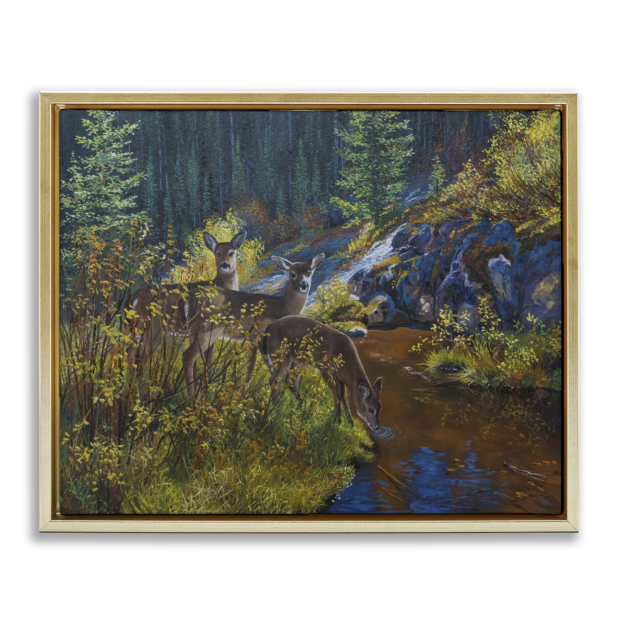 Stupell Industries Deer Drinking from River Landscape & Nature Painting Gold Floater Framed Canvas Art Print Wall Art, 21 x 17