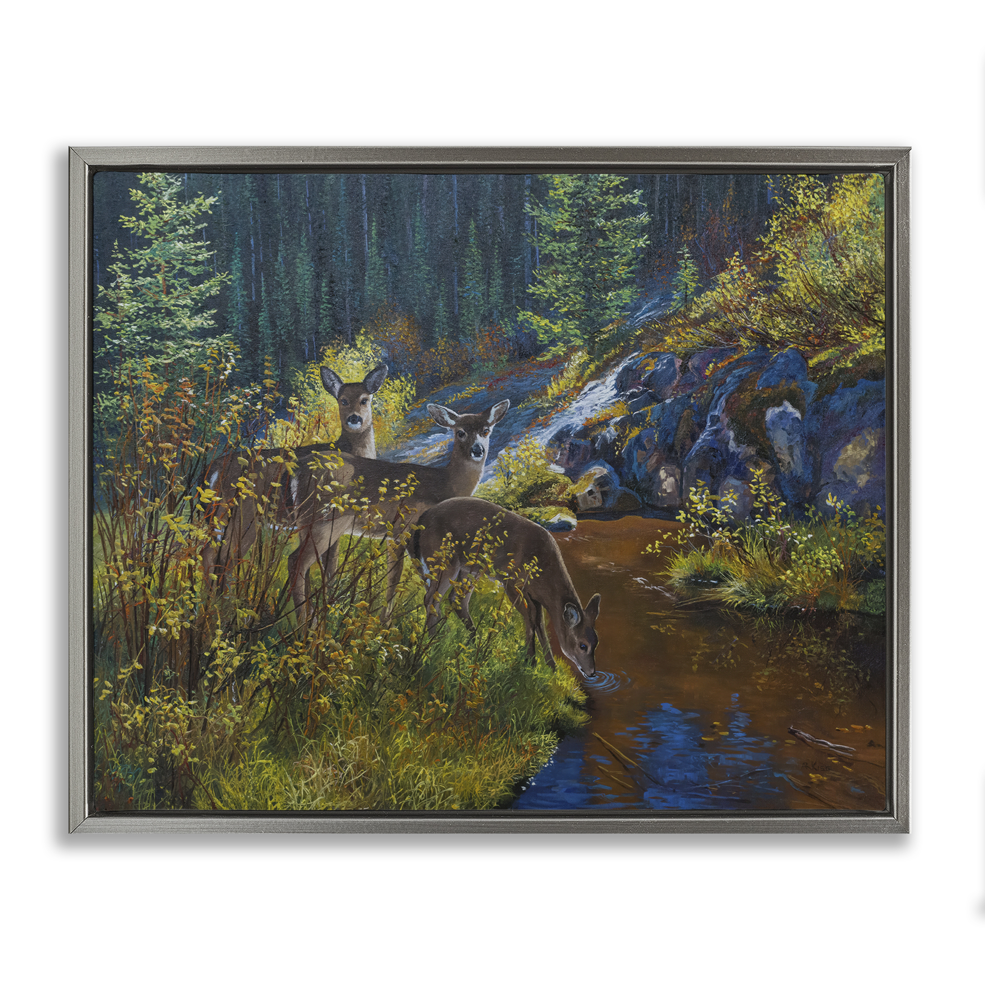 Stupell Industries Deer Drinking from River Landscape & Nature Painting Gray Floater Framed Canvas Art Print Wall Art, 21 x 17