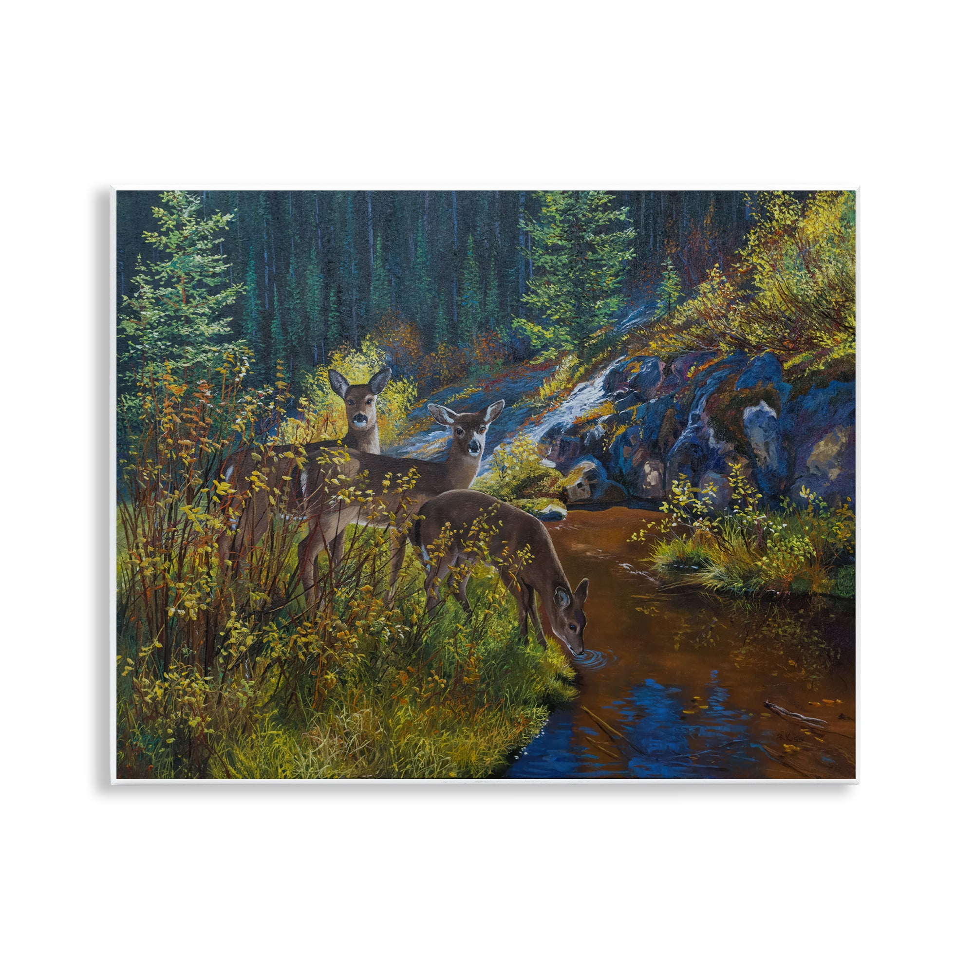 Stupell Industries Deer Drinking from River Landscape & Nature Painting Unframed Art Print Wall Art, 14 x 11