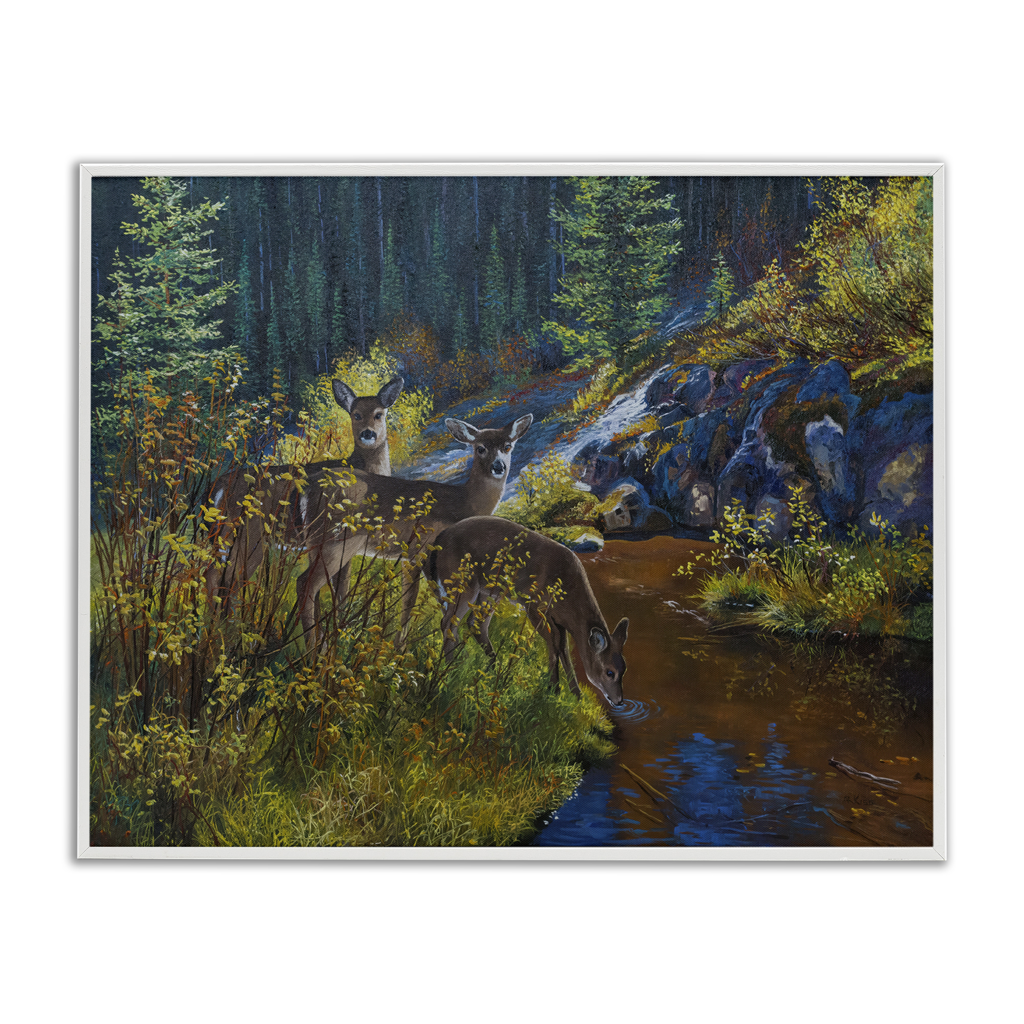 Stupell Industries Deer Drinking from River Landscape & Nature Painting White Framed Art Print Wall Art, 14 x 11