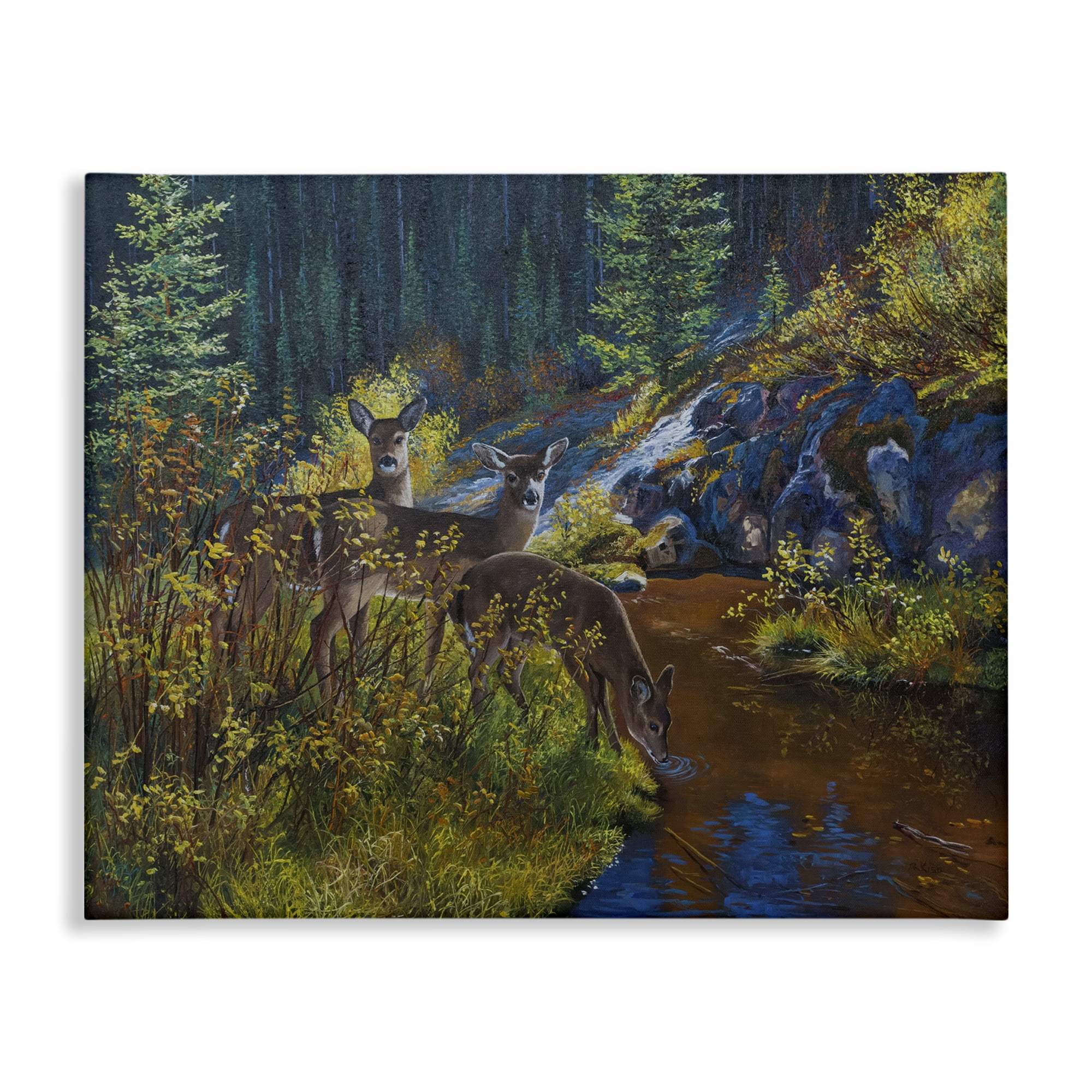 Stupell Industries Deer Drinking from River Landscape & Nature Painting Wrapped Canvas Art Print Wall Art, 30 x 24