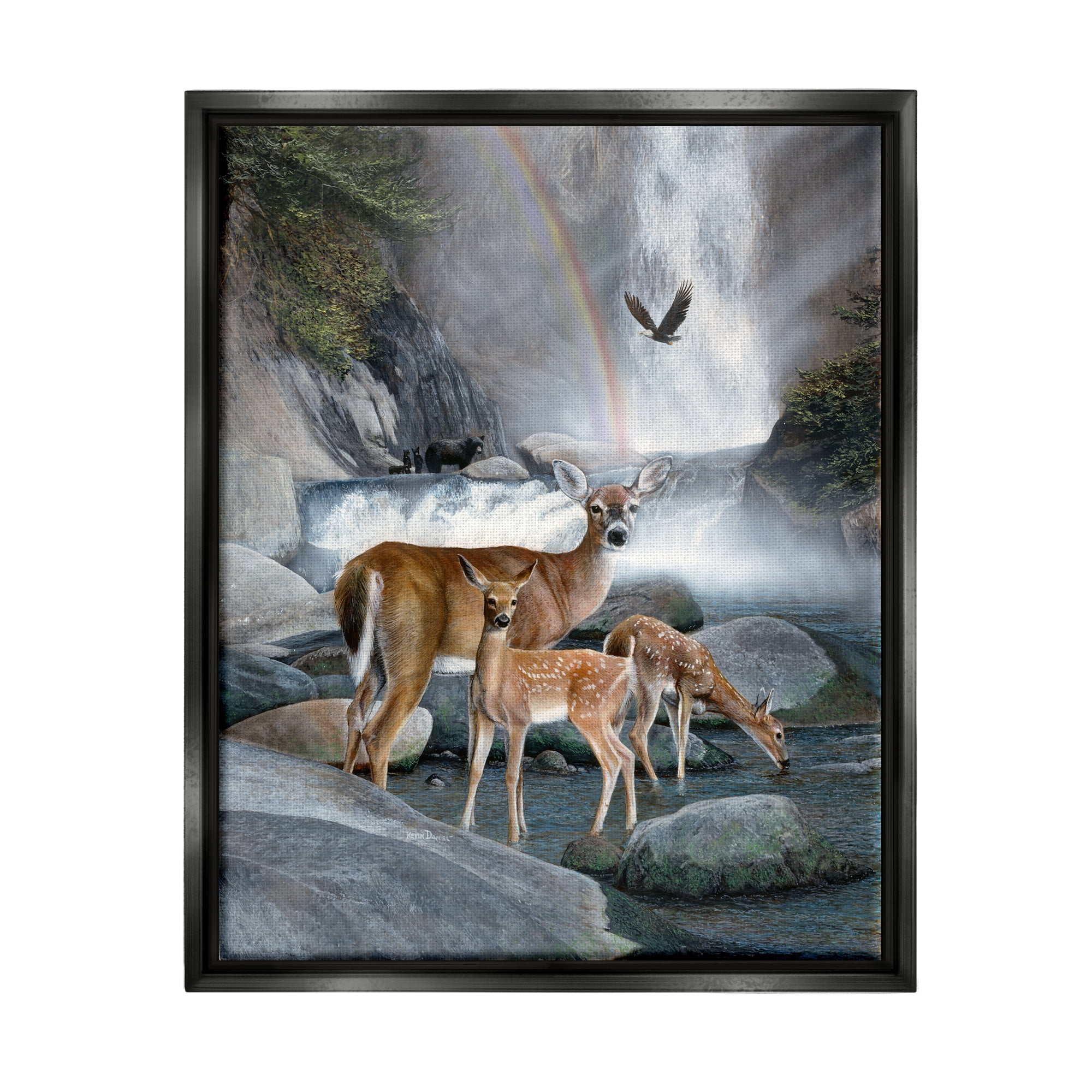 Stupell Industries Deer Family by Waterfall Animals & Insects Painting Black Floater Framed Art Print Wall Art, 25 x 31