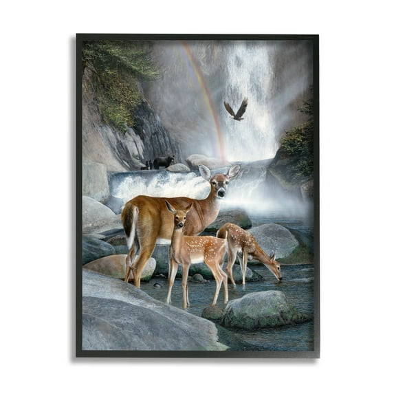 Stupell Industries Deer Family by Waterfall Animals & Insects Painting Black Framed Art Print Wall Art, 16 x 20