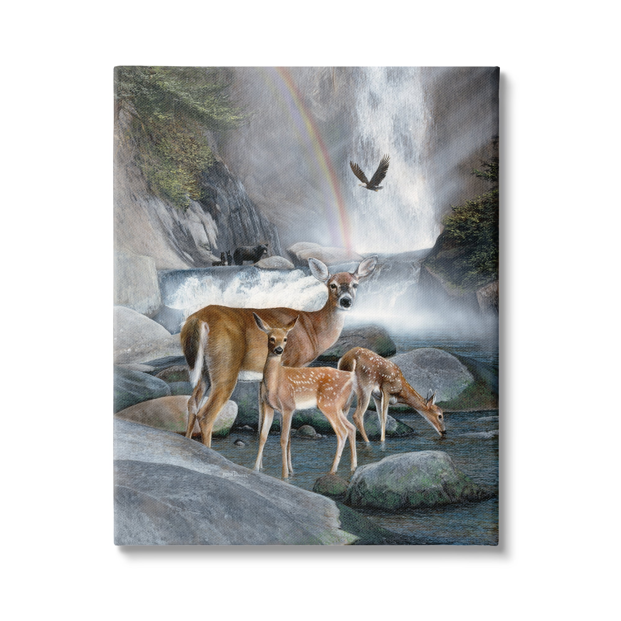 Stupell Industries Deer Family by Waterfall Animals & Insects Painting Gallery Wrapped Canvas Print Wall Art, 24 x 30