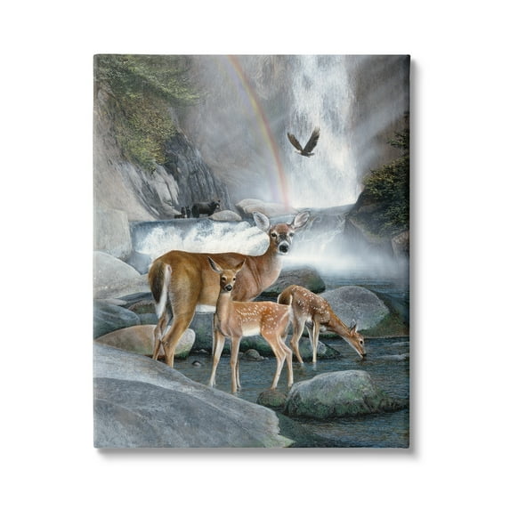 Stupell Industries Deer Family by Waterfall Animals & Insects Painting Gallery Wrapped Canvas Print Wall Art, 30 x 40