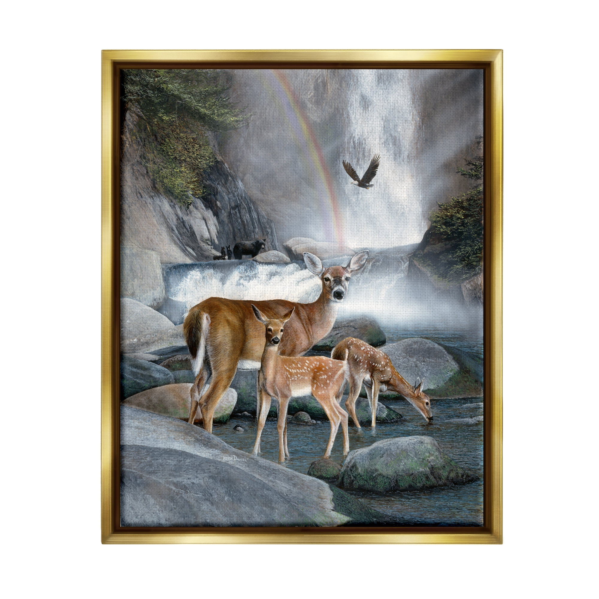 Stupell Industries Deer Family by Waterfall Animals & Insects Painting Gold Floater Framed Art Print Wall Art, 17 x 21