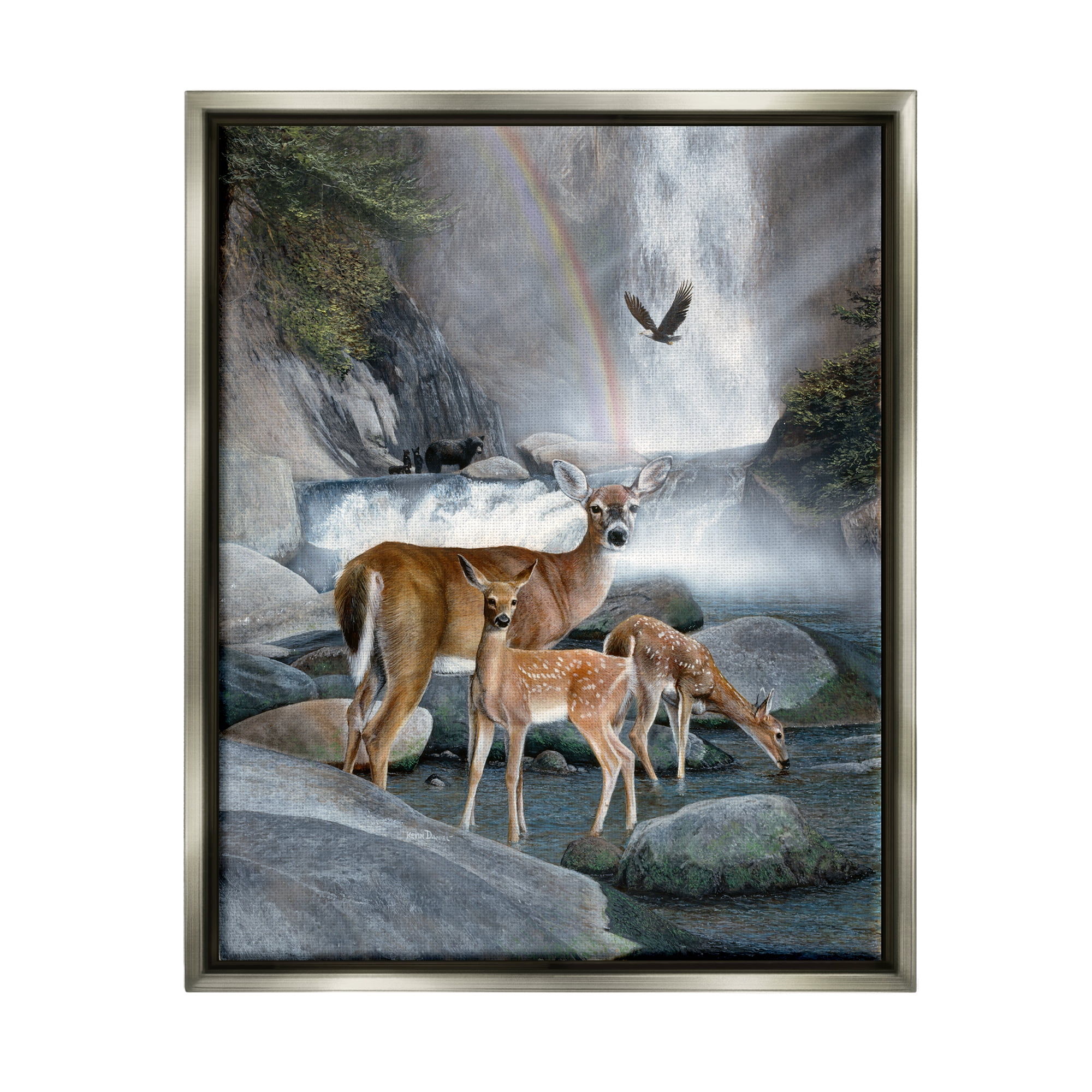 Stupell Industries Deer Family by Waterfall Animals & Insects Painting Gray Floater Framed Art Print Wall Art, 25 x 31