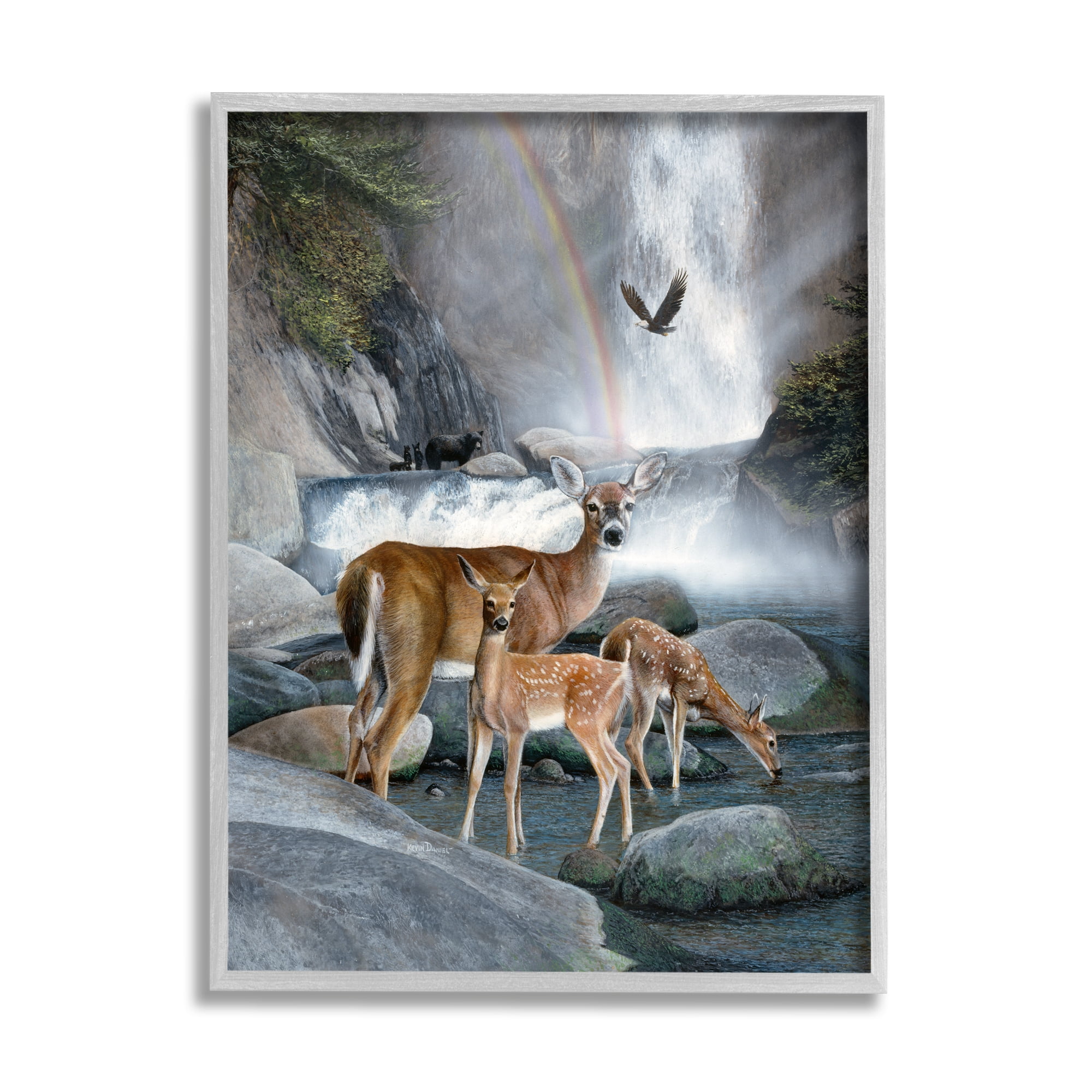 Stupell Industries Deer Family by Waterfall Animals & Insects Painting Gray Framed Art Print Wall Art, 11 x 14