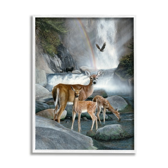 Stupell Industries Deer Family by Waterfall Animals & Insects Painting White Framed Art Print Wall Art, 16 x 20