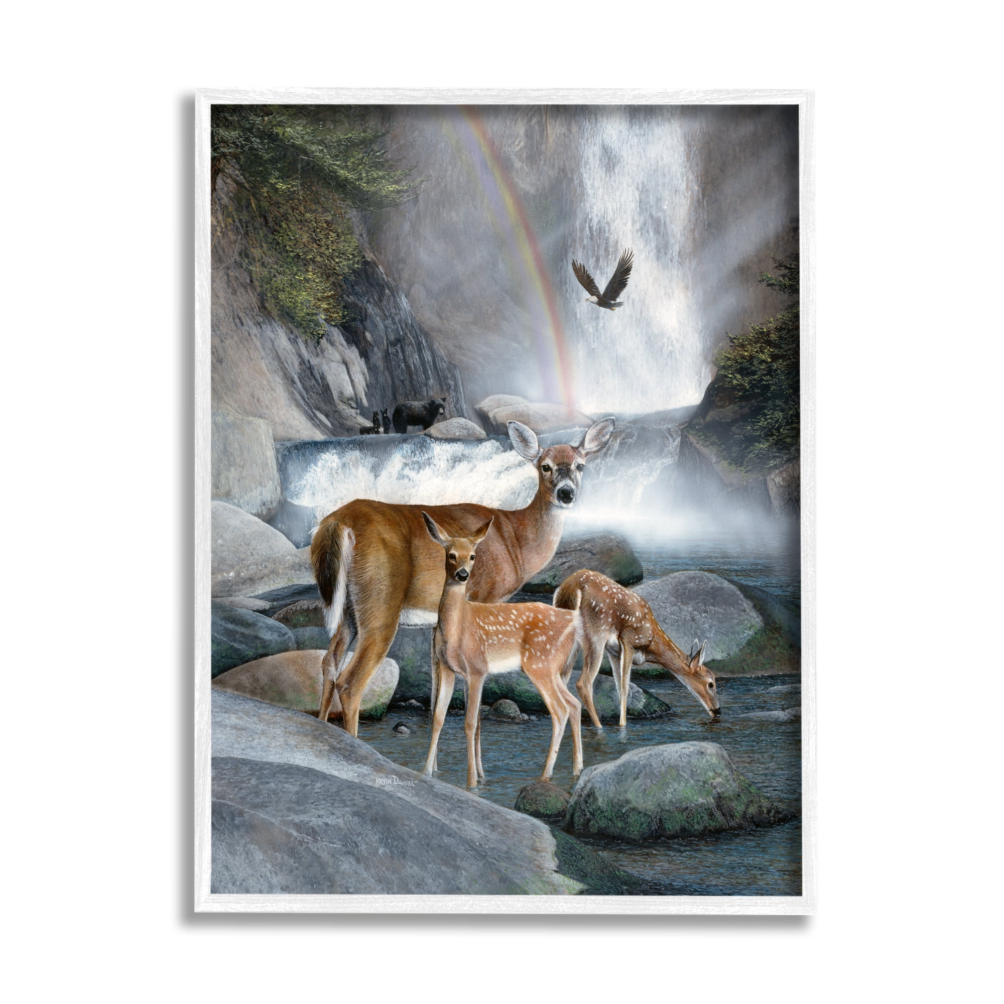 Stupell Industries Deer Family by Waterfall Animals & Insects Painting White Framed Art Print Wall Art, 24 x 30