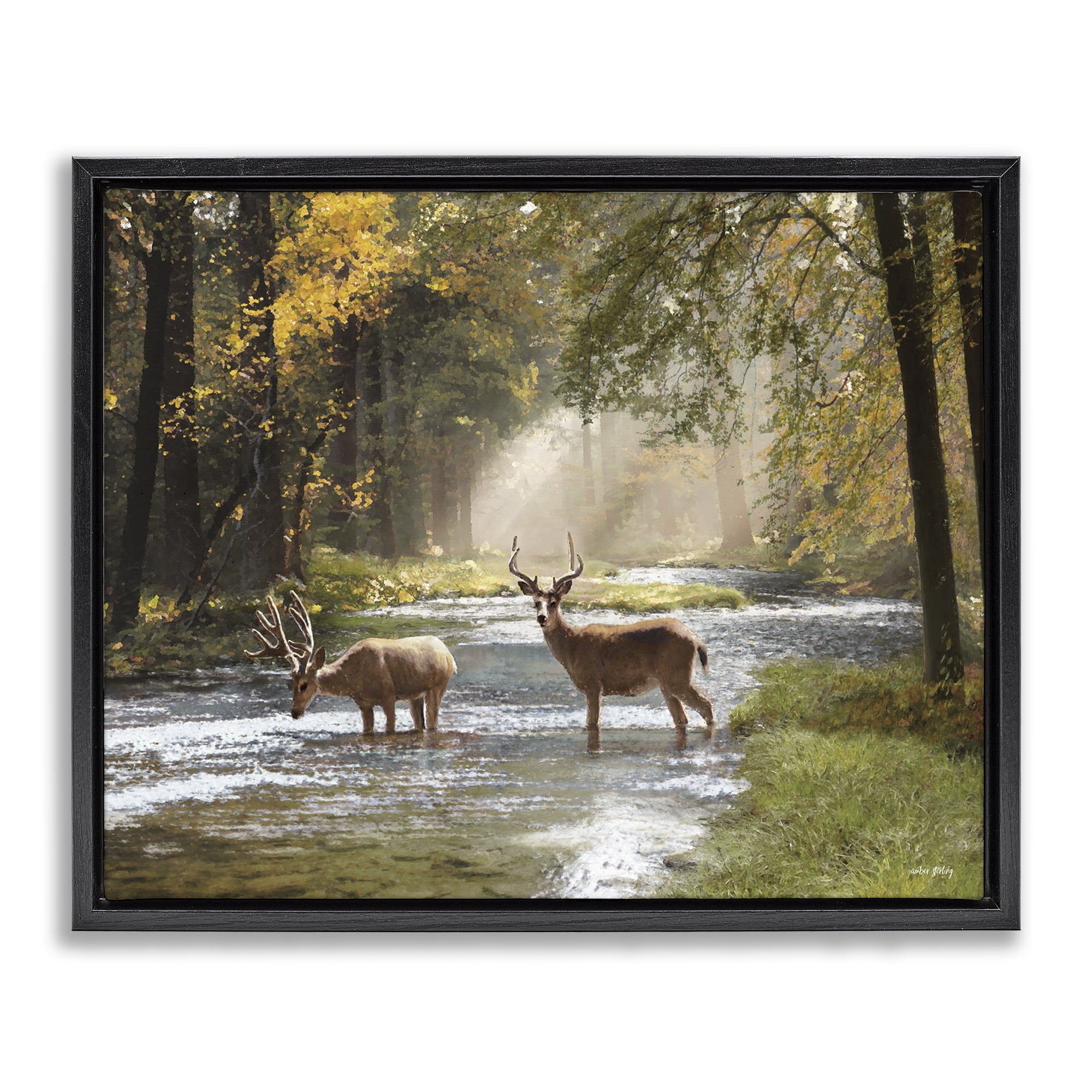Stupell Industries Deer Grazing in Creek Landscape Painting Black Floater Framed Art Print Wall Art, 31 x 25