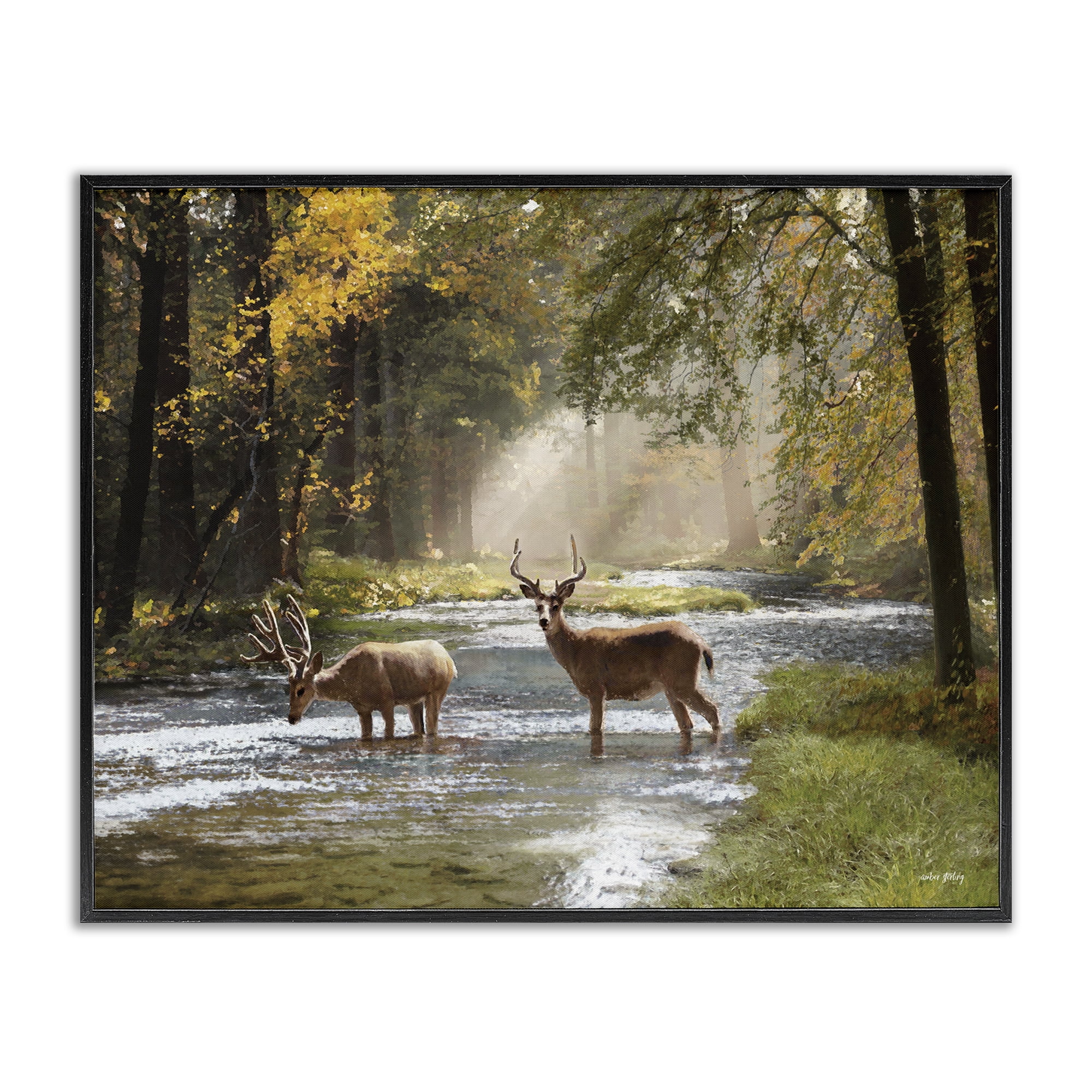 Stupell Industries Deer Grazing in Creek Landscape Painting Black Framed Art Print Wall Art, 20 x 16