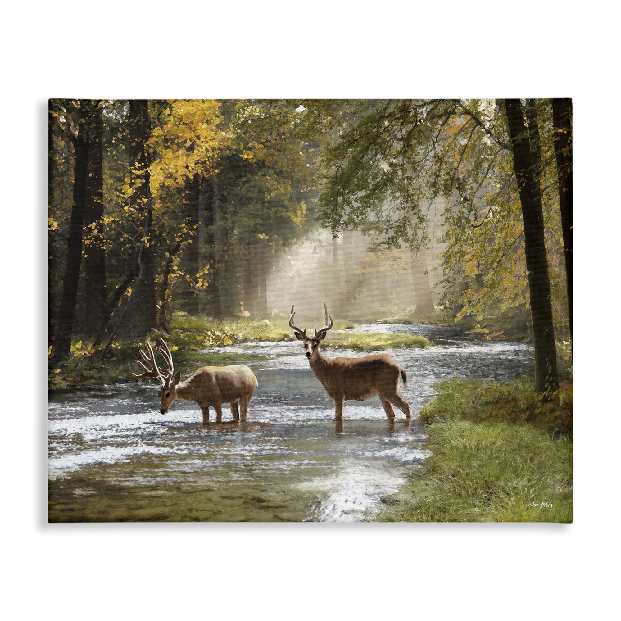 Stupell Industries Deer Grazing in Creek Landscape Painting Gallery Wrapped Canvas Art Print Wall Art, 30 x 24