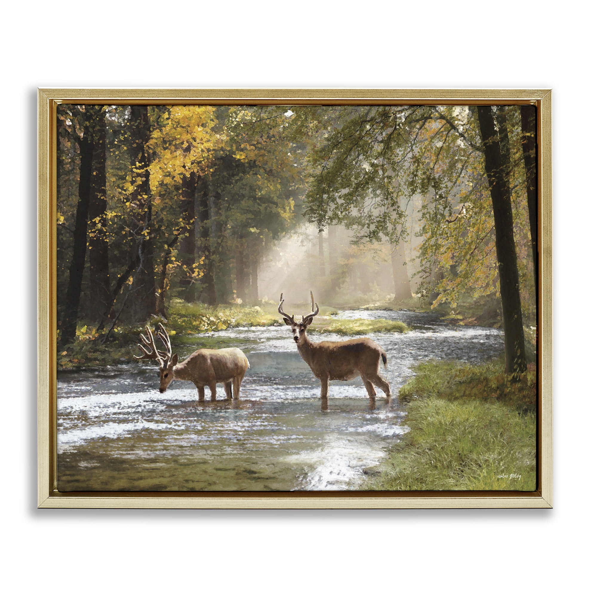 Stupell Industries Deer Grazing in Creek Landscape Painting Gold Floater Framed Art Print Wall Art, 31 x 25